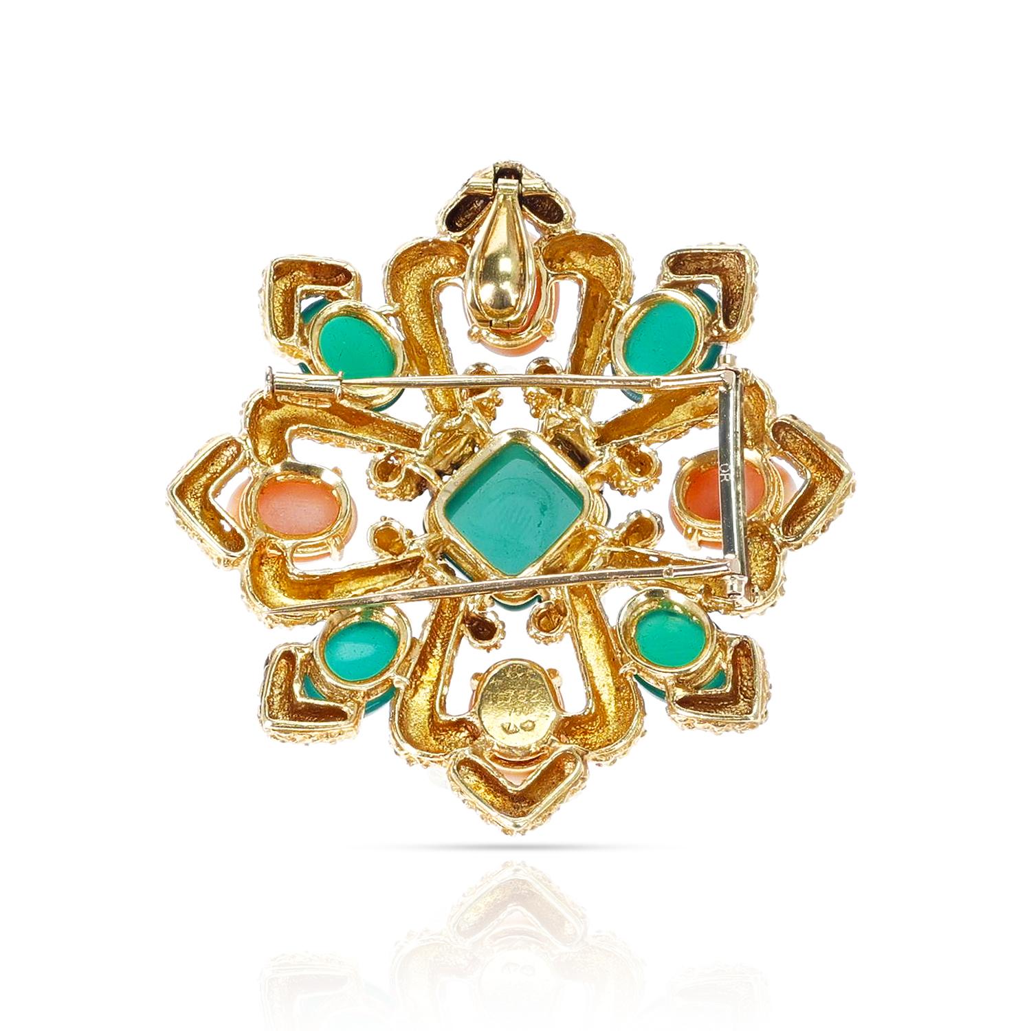 Women's or Men's Van Cleef & Arpels Chrysoprase and Coral Cabochon Brooch, 18K Yellow Gold