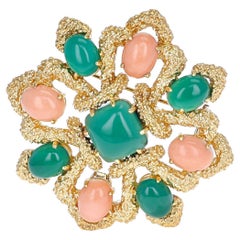 Vintage Van Cleef & Arpels Chrysoprase and Coral Cabochon Brooch, 18K Yellow Gold