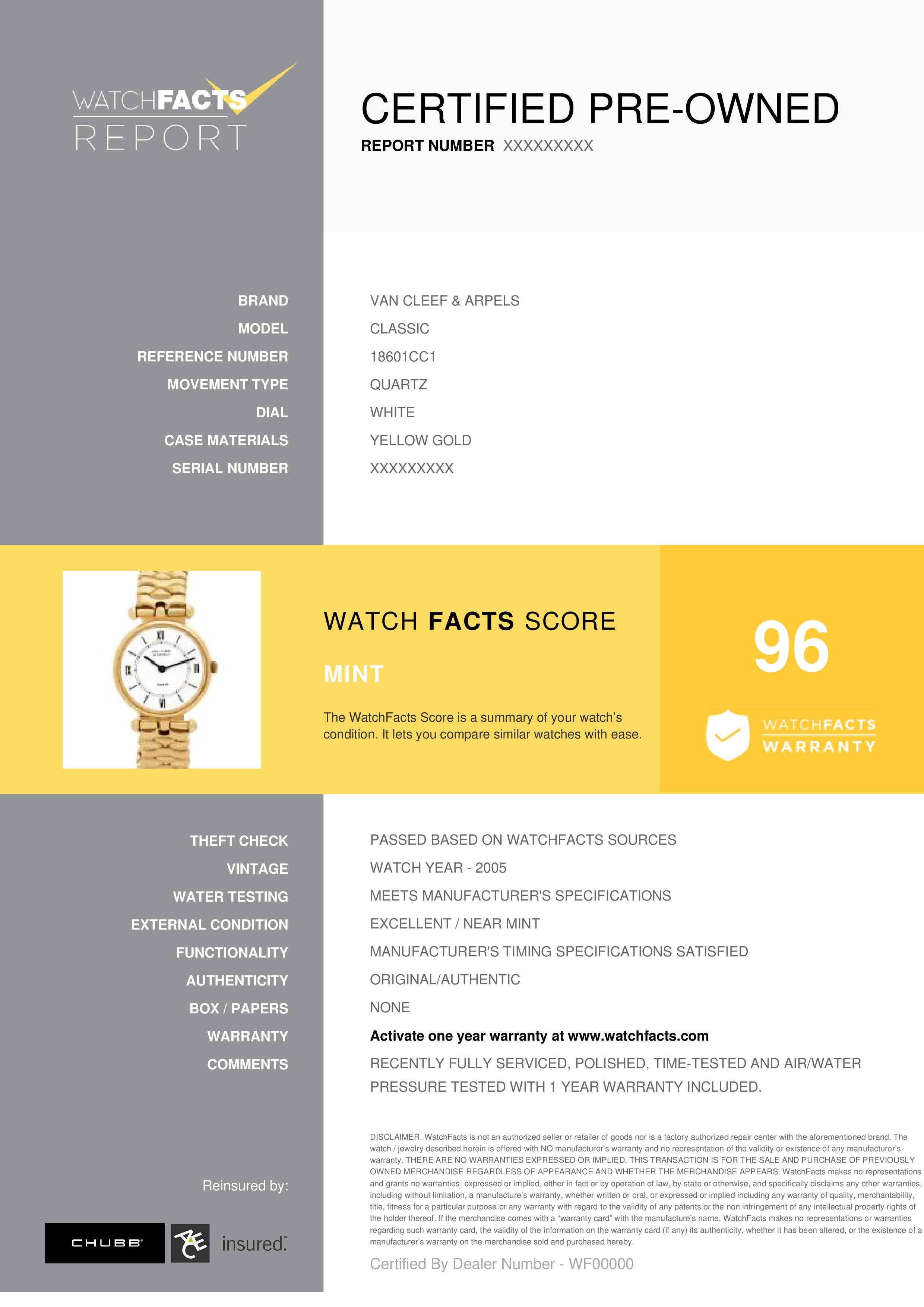 Van Cleef & Arpels Classic Reference #: 18601cc1. Womens Quartz Watch Yellow Gold White 24 MM. Verified and Certified by WatchFacts. 1 year warranty offered by WatchFacts.
