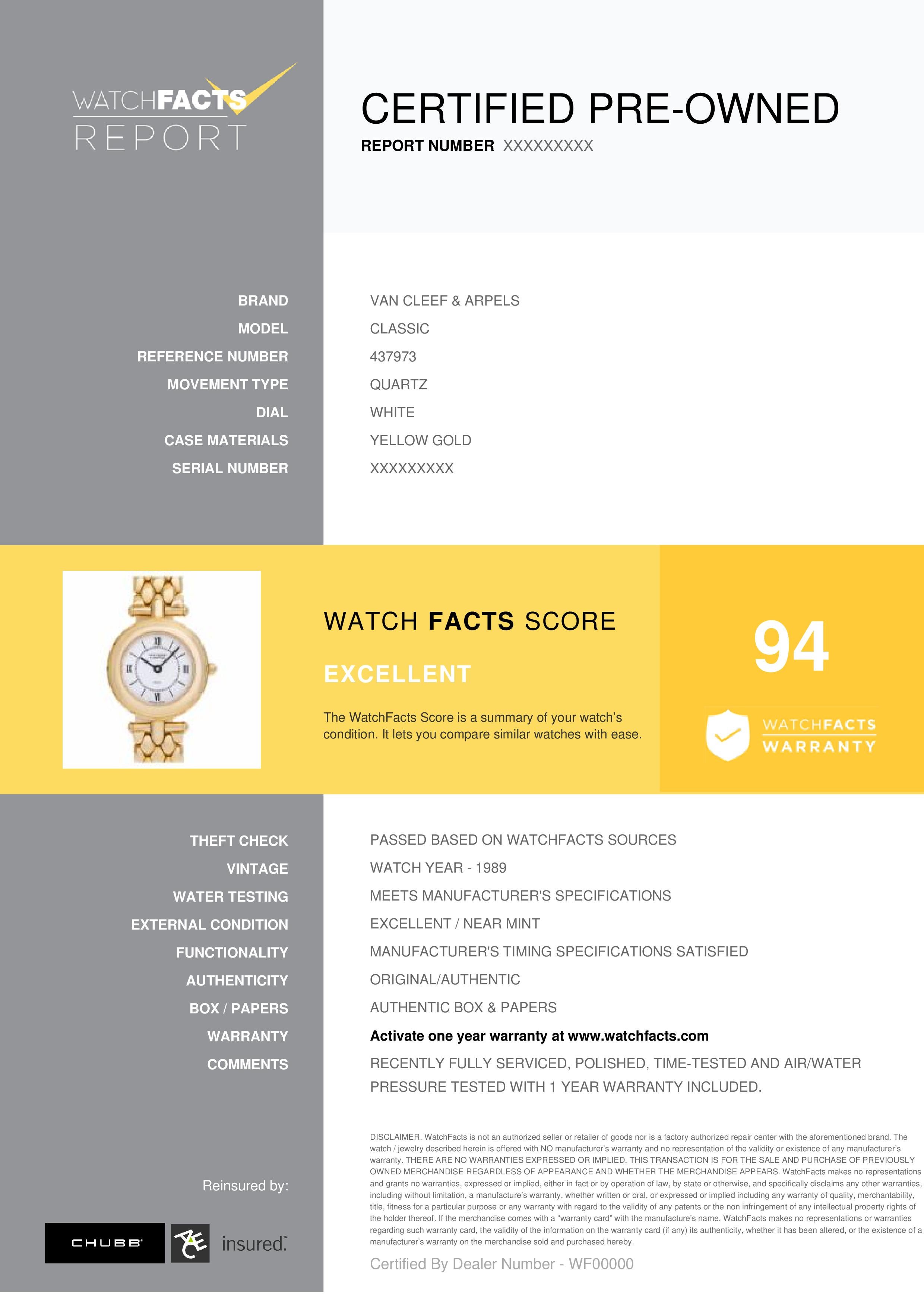 Van Cleef & Arpels Classic Reference #: 437973. Womens Quartz Watch Yellow Gold White 24 MM. Verified and Certified by WatchFacts. 1 year warranty offered by WatchFacts.
