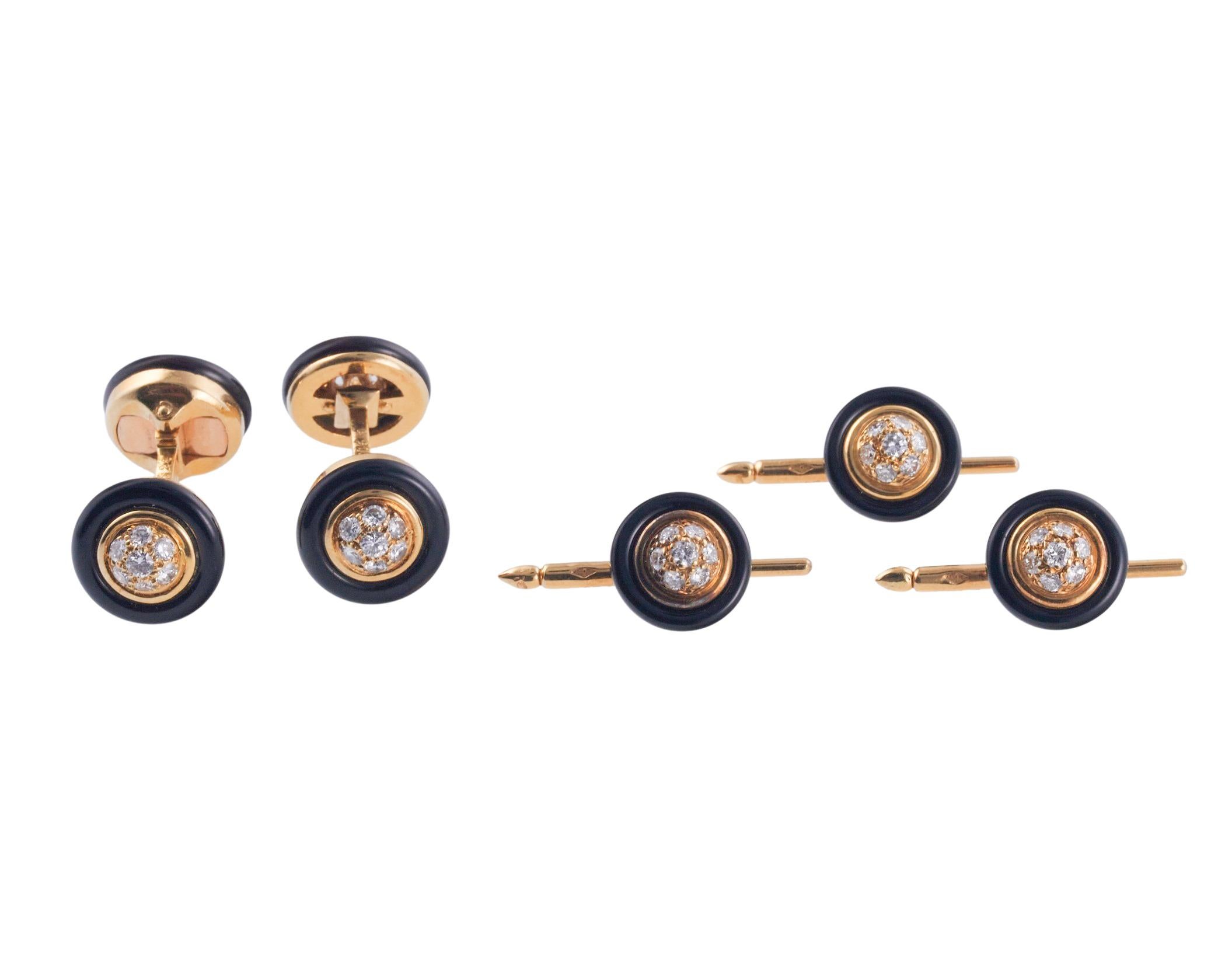 Classic 18k gold cufflinks & studs set by Van Cleef & Arpels, featuring diamonds in the center, approx. 0.80ctw G/VS, and onyx rim. Cufflink top measures 0.5
