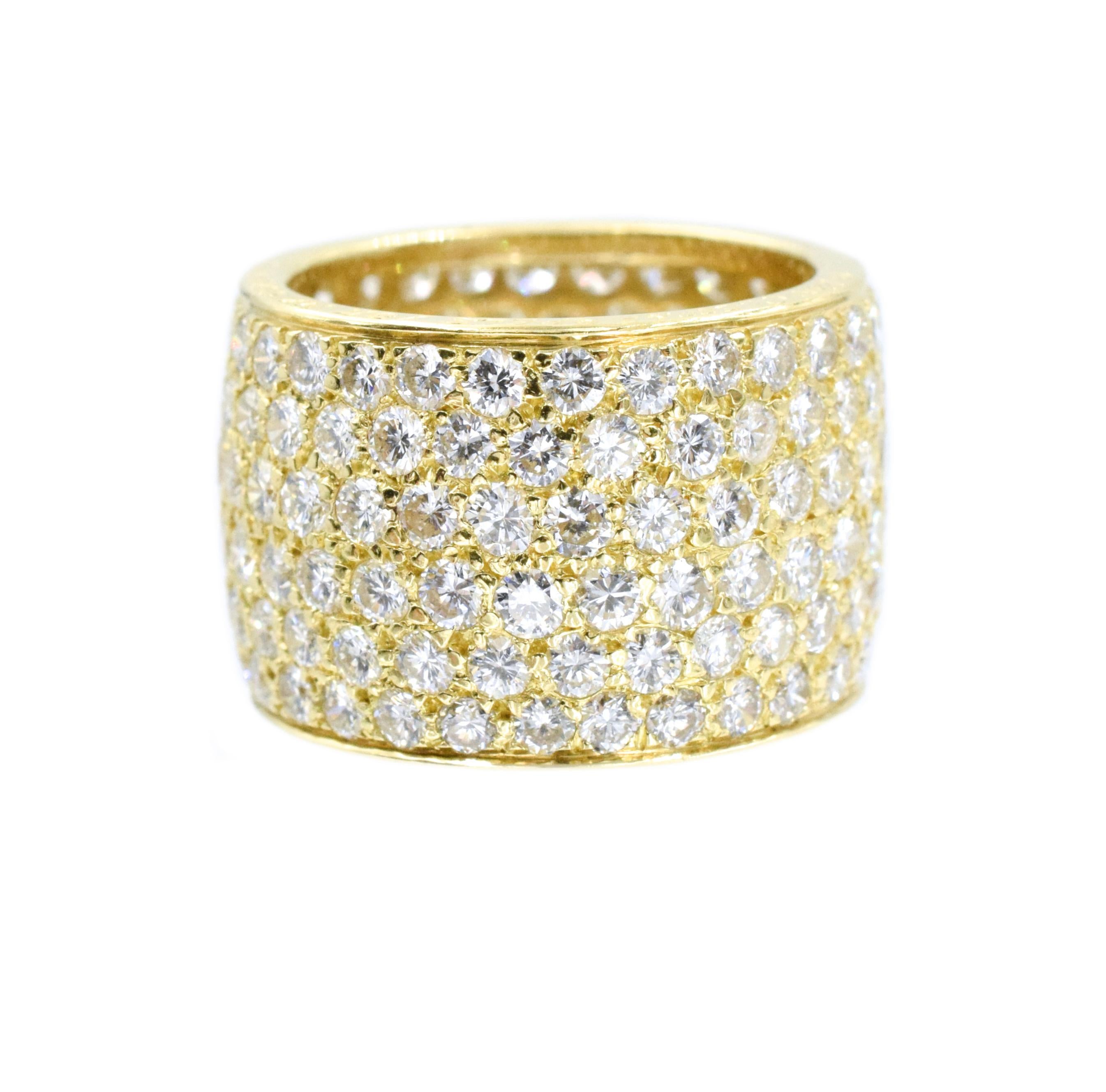 Van Cleef and Arpels  Wide Pave Diamond Band
Containing 180 Pave Set Round Brilliant Cut Diamonds 
Set In 18 Karat Golden
Total diamond Weight is 7.75 Carats 
Hand Inscribed: Van Cleef and Arpels  NY XXXXXX.
Size 6.5
Width is:  13.5mm or 0.57 1.4cm
