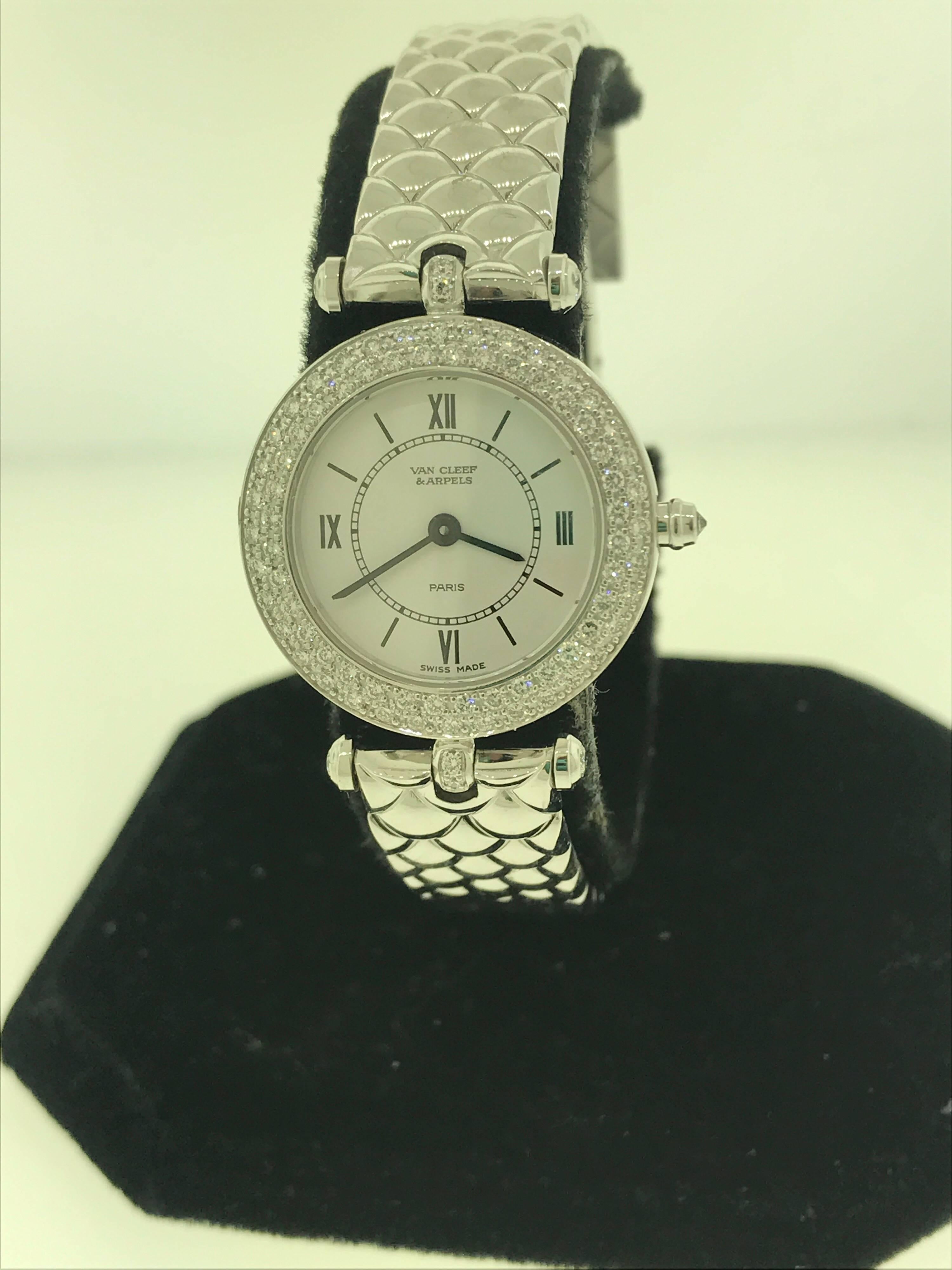 Van Cleef & Arpels Classique Ladies Watch

Model Number: 

100% Authentic

Pre owned restored to be in perfectly working & pristine condition

Comes with a generic watch box

18 Karat White Gold Case & Bracelet

Bezel set with 2 rows of