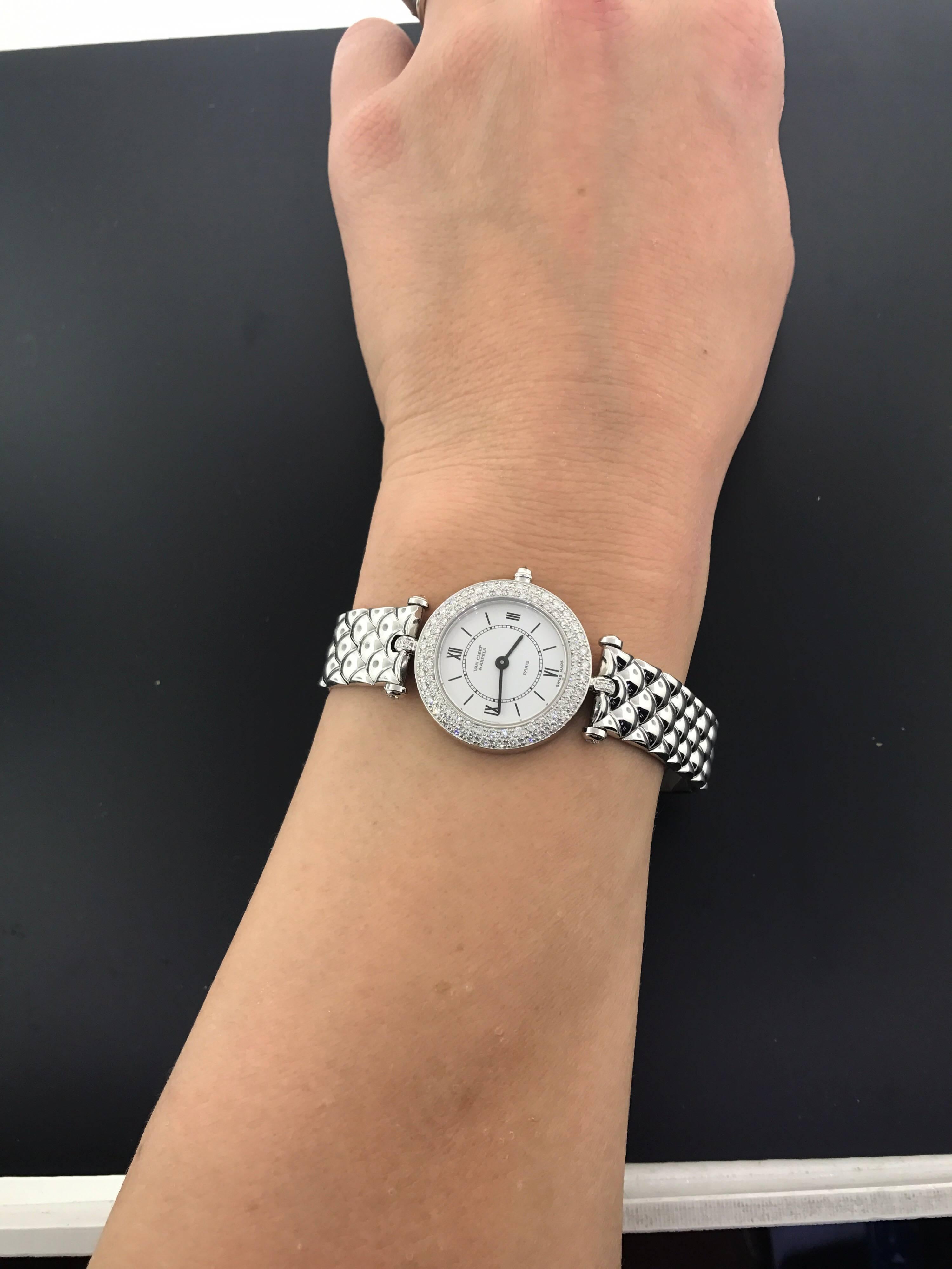 Van Cleef & Arpels Classique White Gold Diamond Bezel Bracelet Ladies Watch For Sale 4