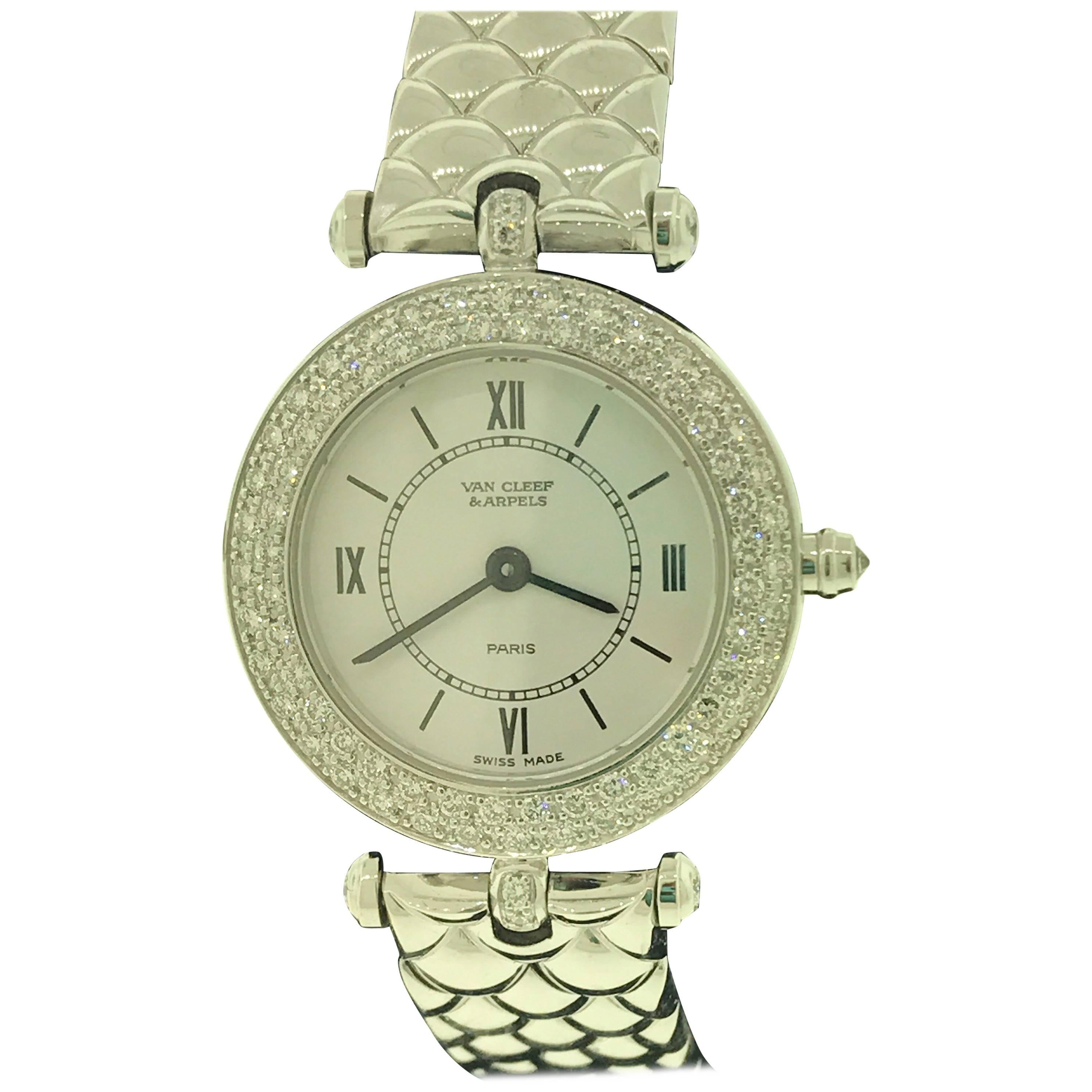 Van Cleef & Arpels Classique White Gold Diamond Bezel Bracelet Ladies Watch For Sale