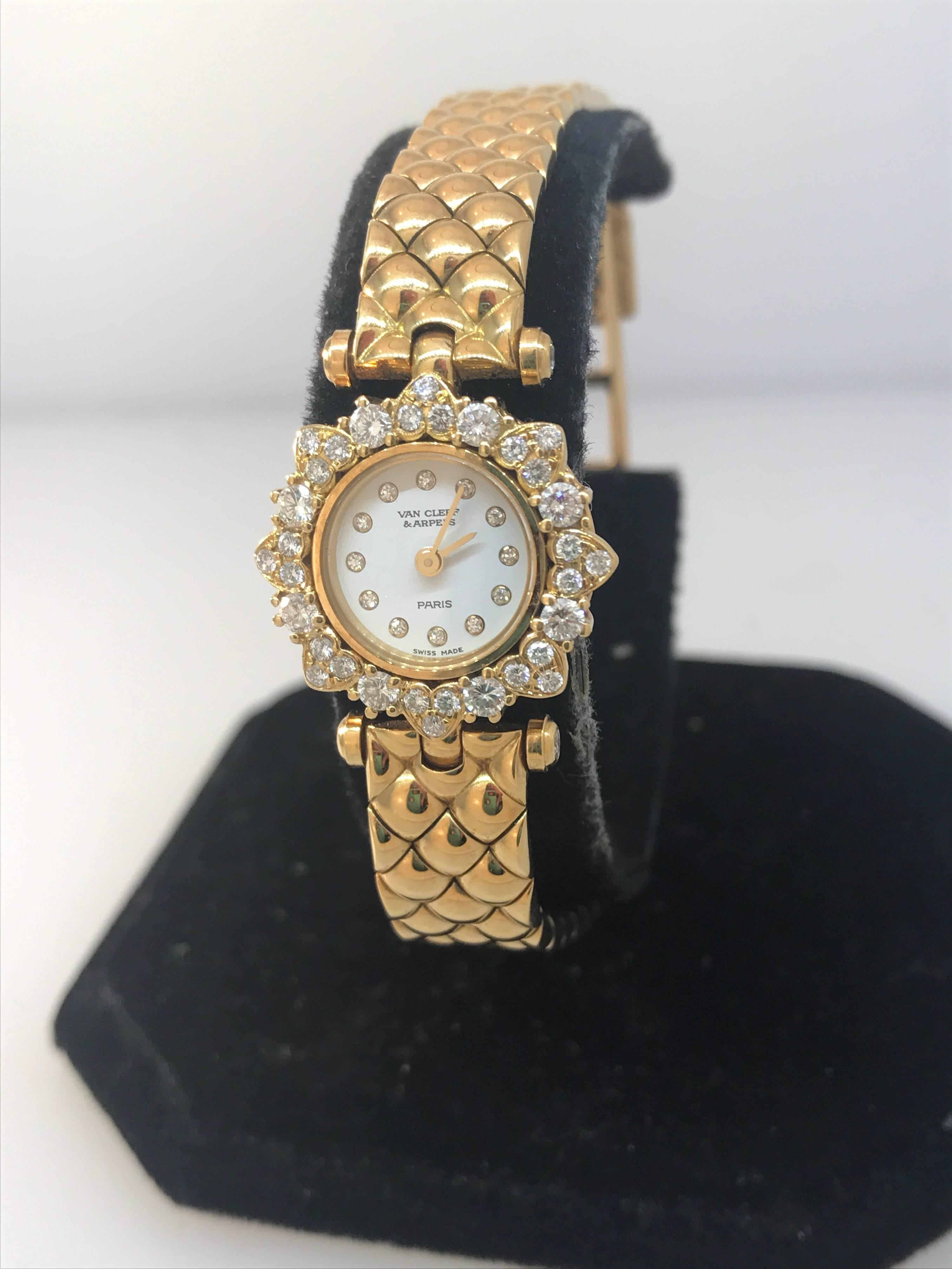 Van Cleef & Arpels Classique Ladies Watch

Model Number: 130955

100% Authentic

Pre Owned restored to be in Pristine and perfectly working condition

Comes with a generic watch box

18 Karat Yellow Gold Case & Bracelet

Diamond Bezel

White Dial