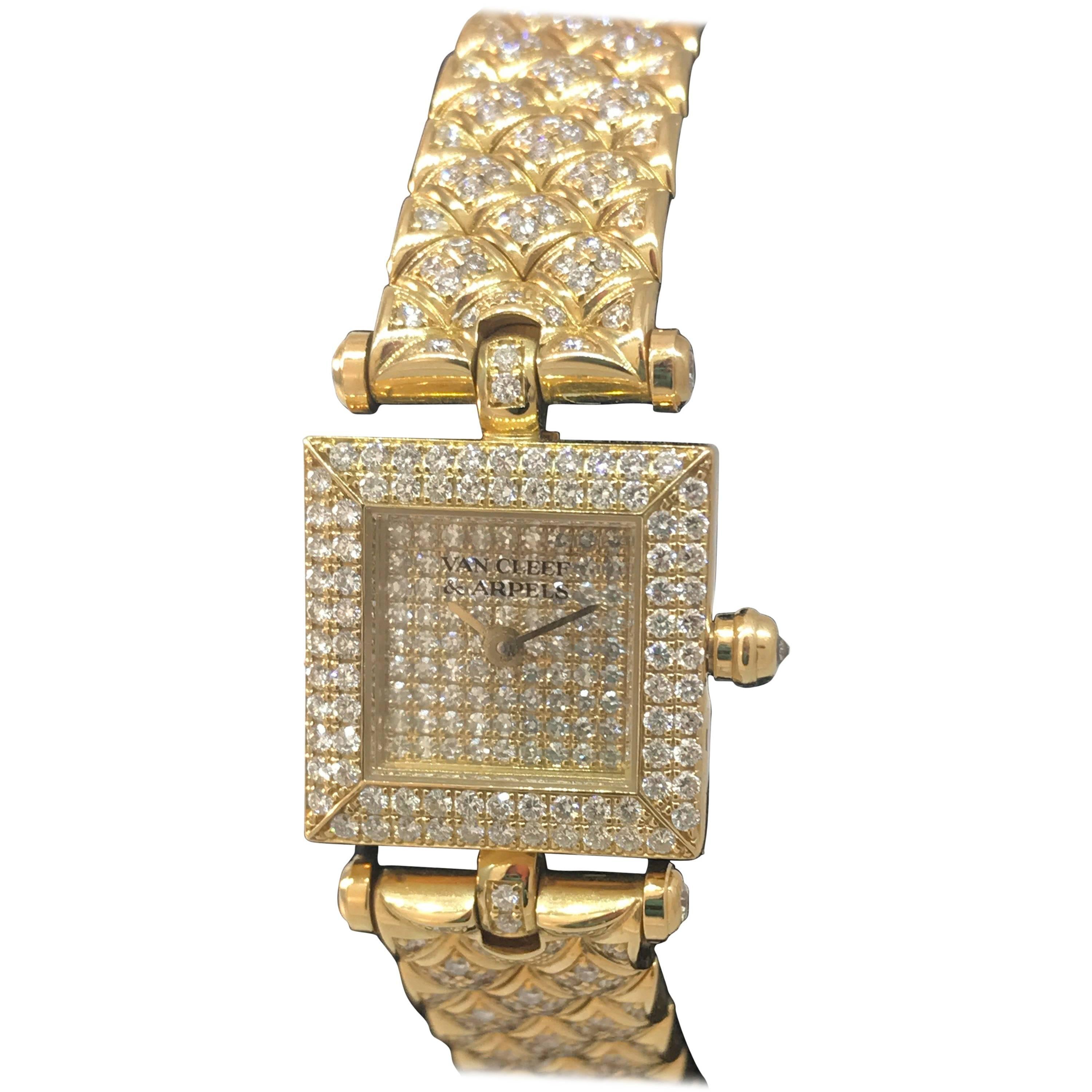 Van Cleef & Arpels Classique Yellow Gold Pave Diamond Bracelet Ladies Watch For Sale
