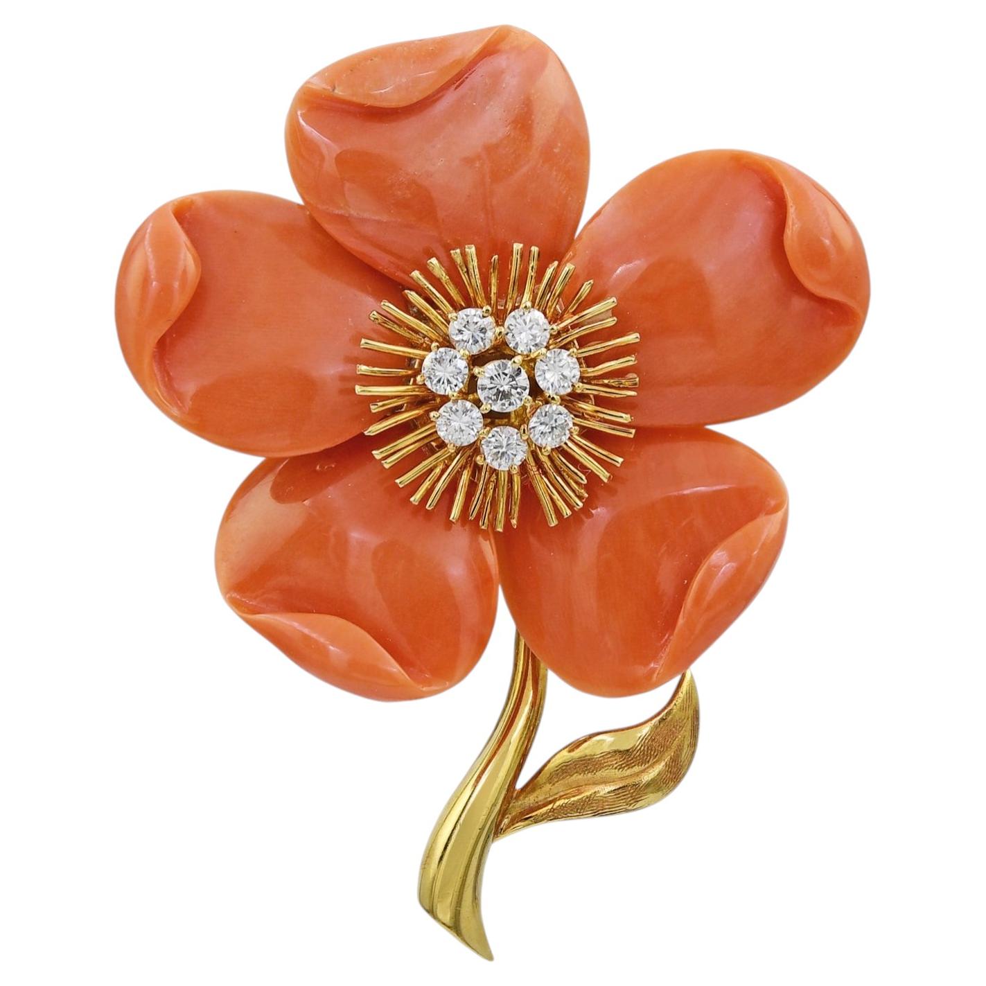 Van Cleef & Arpels Clematis Mid-Century Coral Diamond Brooch