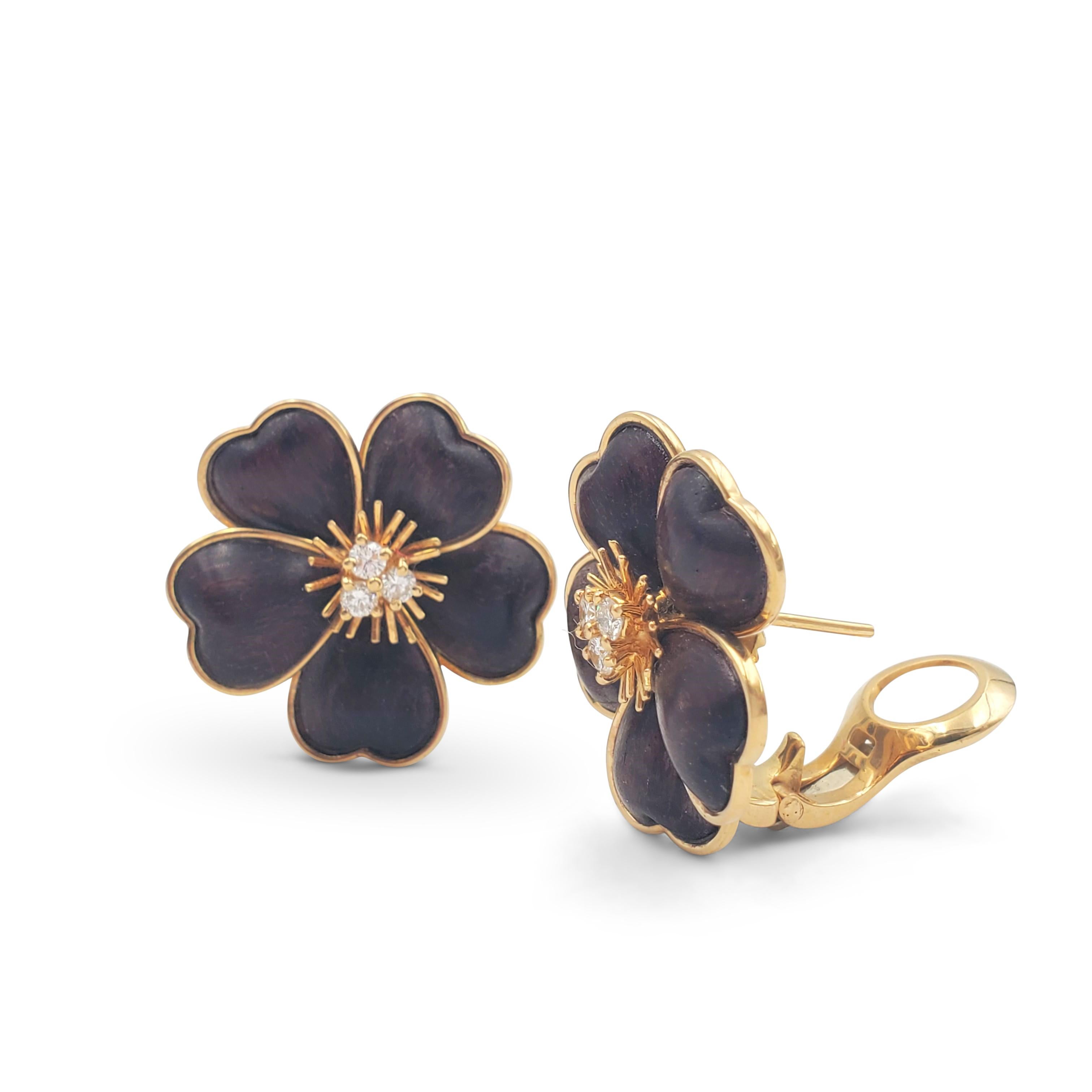 Round Cut Van Cleef & Arpels Clématite Yellow Gold Bois D'amourette 'Letter Wood' Earrings