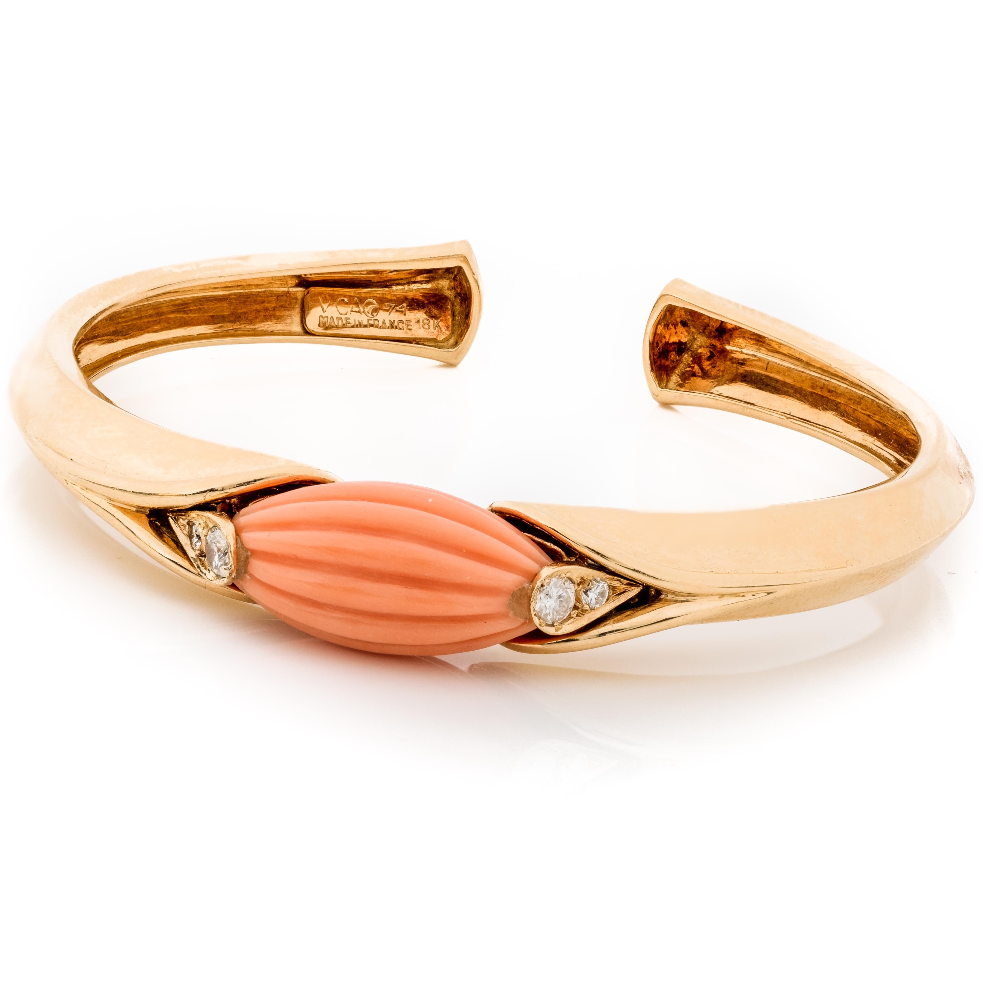 Van Cleef & Arpels 1971 Carved Precious Coral & Solid 18K Yellow Gold Cuff Bracelet W/Diamond Accents - This lovely vintage cuff bracelet comes from one of the world's foremost designers of high-caliber luxury jewelry, Van Cleef & Arpels. The