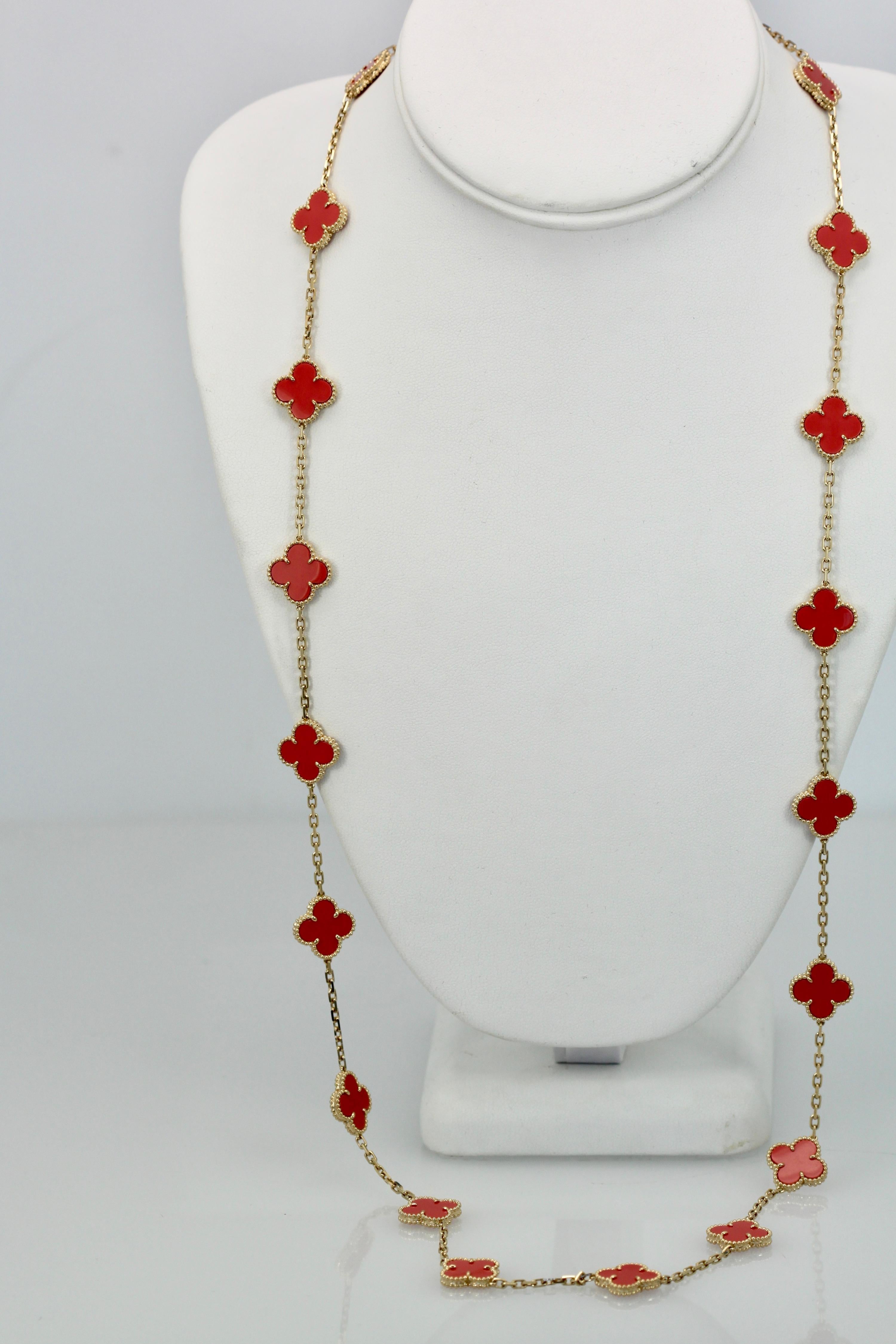 Van Cleef & Arpels Coral Alhambra 20 Motif Necklace 18 Karat Yellow Gold 4