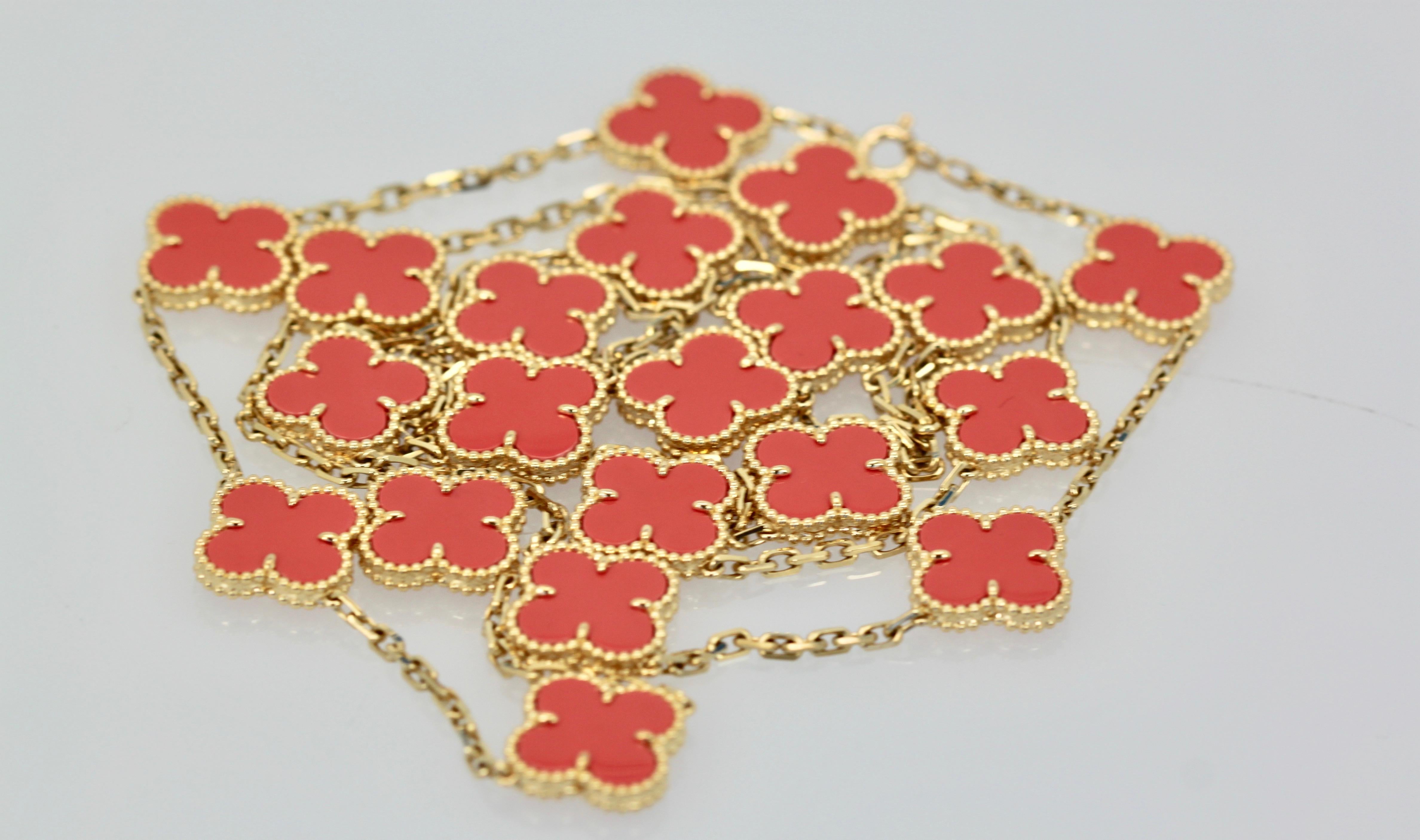 Van Cleef & Arpels Coral Alhambra 20 Motif Necklace 18 Karat Yellow Gold 6