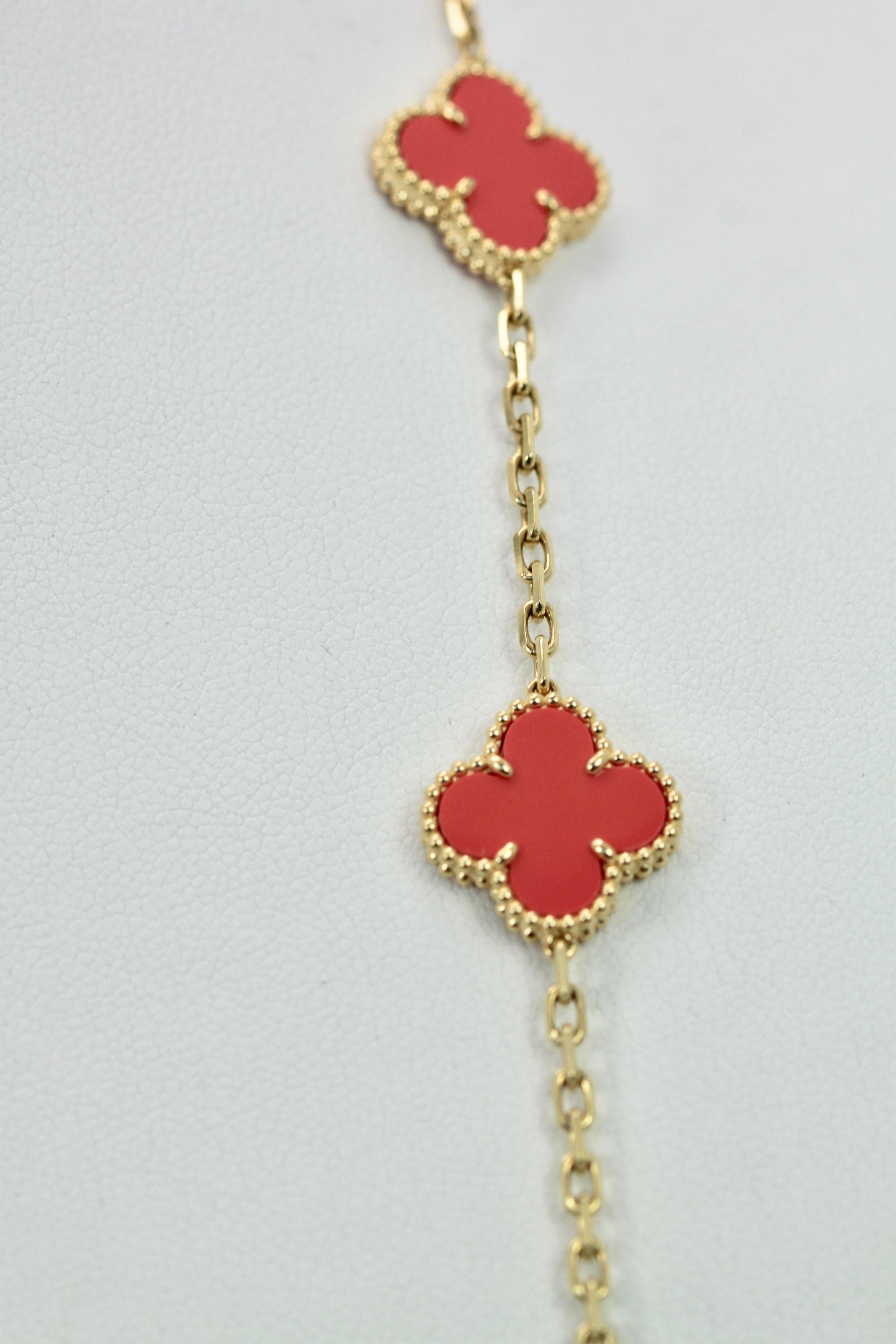 Van Cleef & Arpels Coral Alhambra 20 Motif Necklace 18 Karat Yellow Gold 6