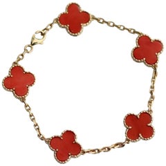 Van Cleef & Arpels Coral and 18 Karat Gold Alhambra Bracelet