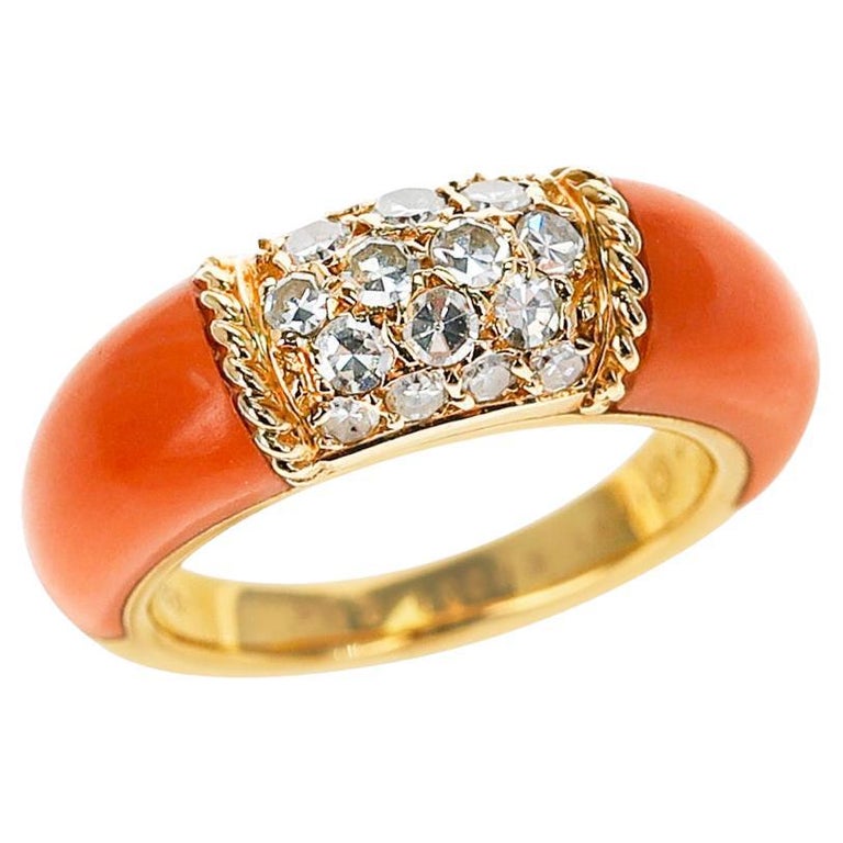 Van Cleef and Arpels Coral and 5 Row Diamond Stacking Philippine Ring