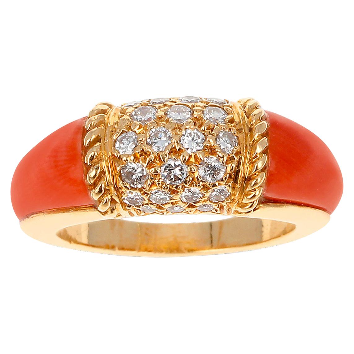 Van Cleef & Arpels Coral and 7 Row Diamond Stacking Philippine Ring, 18K Yellow