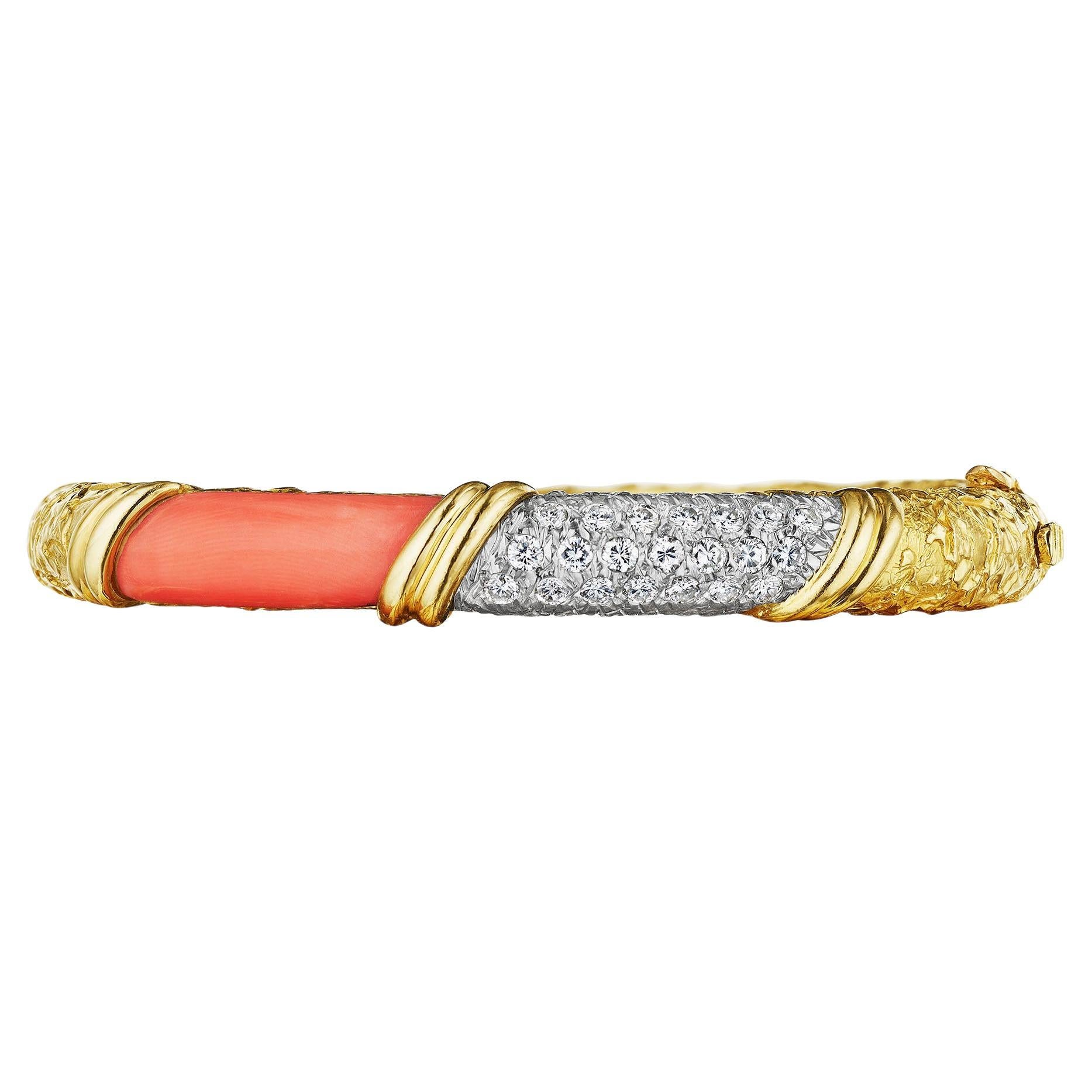 Van Cleef & Arpels Coral and Diamond Bangle Bracelet For Sale