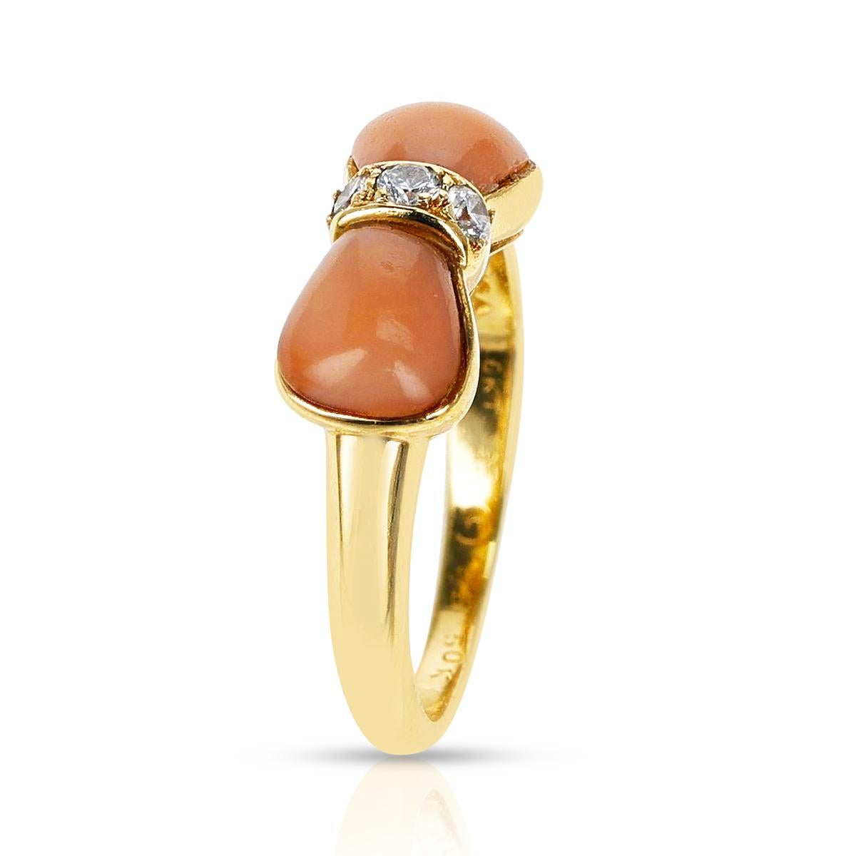 Round Cut Van Cleef & Arpels Coral and Diamond Bow Ring, 18k