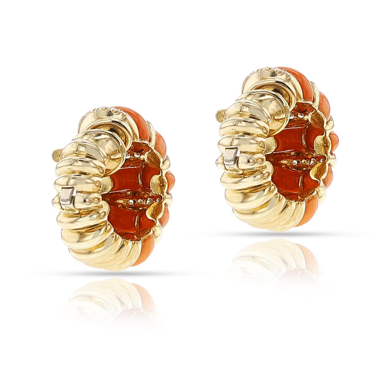 Van Cleef & Arpels Coral and Diamond Hoops, 18k In Excellent Condition In New York, NY