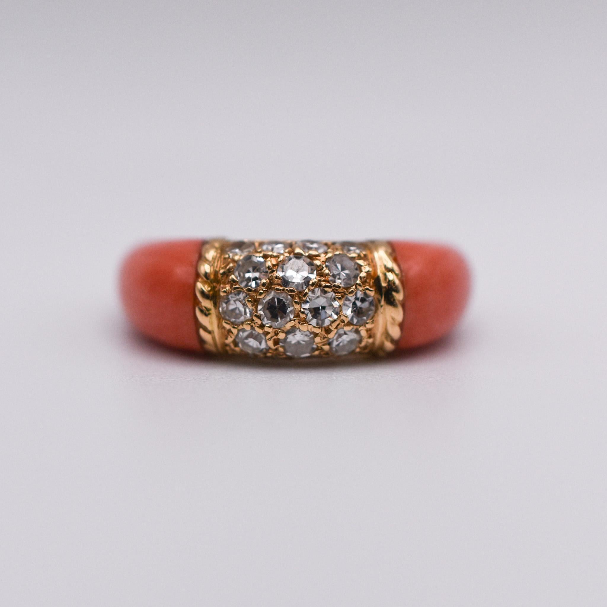 Van Cleef & Arpels Coral and Diamond ‘Philippine’ Ring in 18k Yellow Gold
Made in France, circa 1960.
Signed VCA and numbered.

Ring size: US 4.75