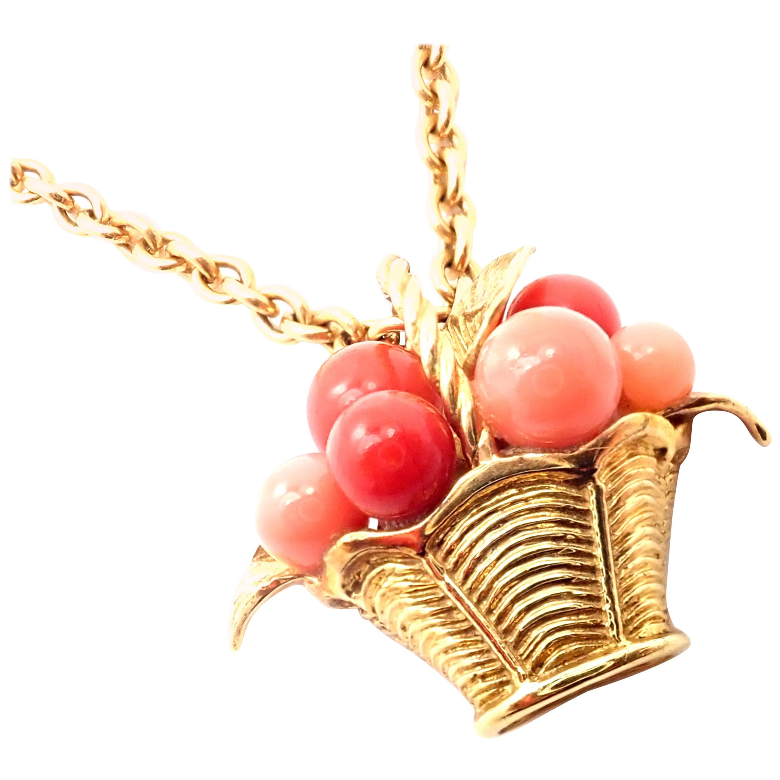 Van Cleef & Arpels Coral Bead Fruit Basket Yellow Gold Pendant Necklace