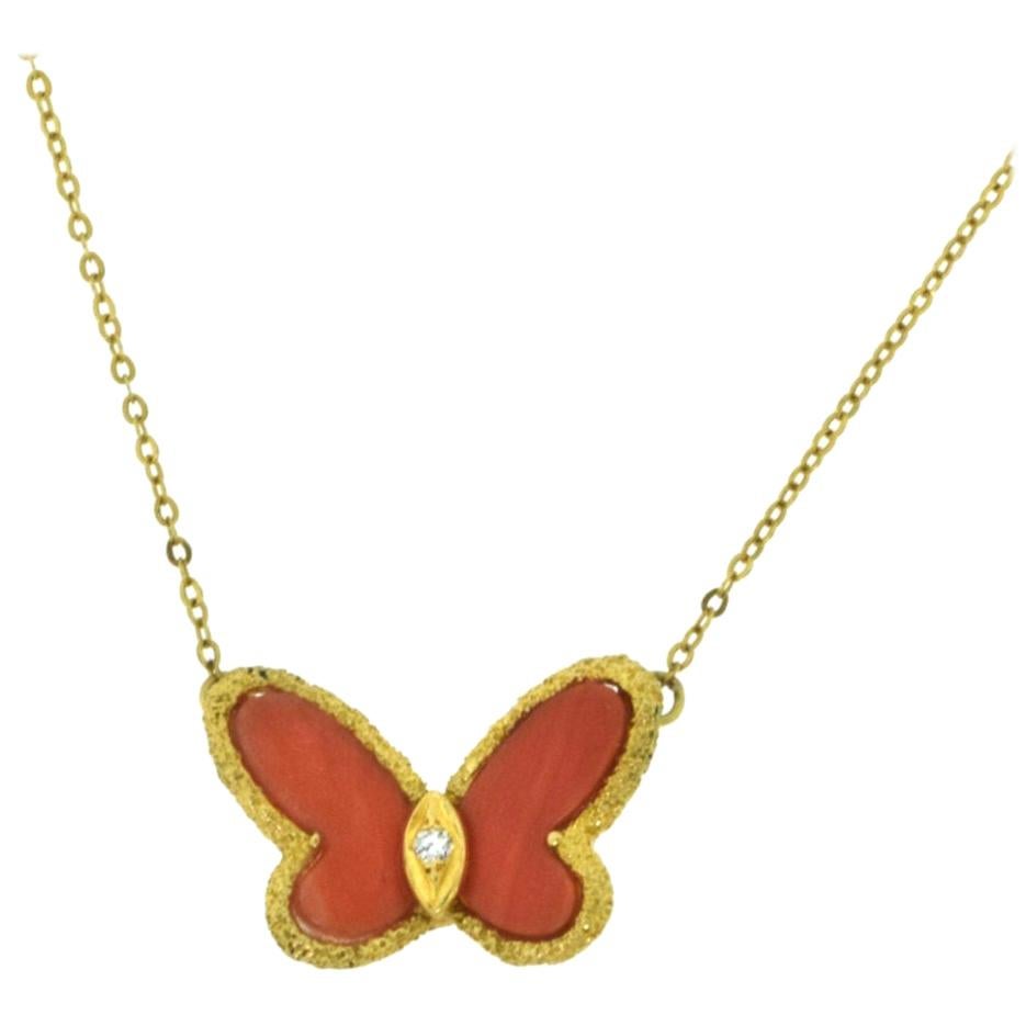 Van Cleef & Arpels Coral Butterfly Alhambra Gold Diamond Necklace