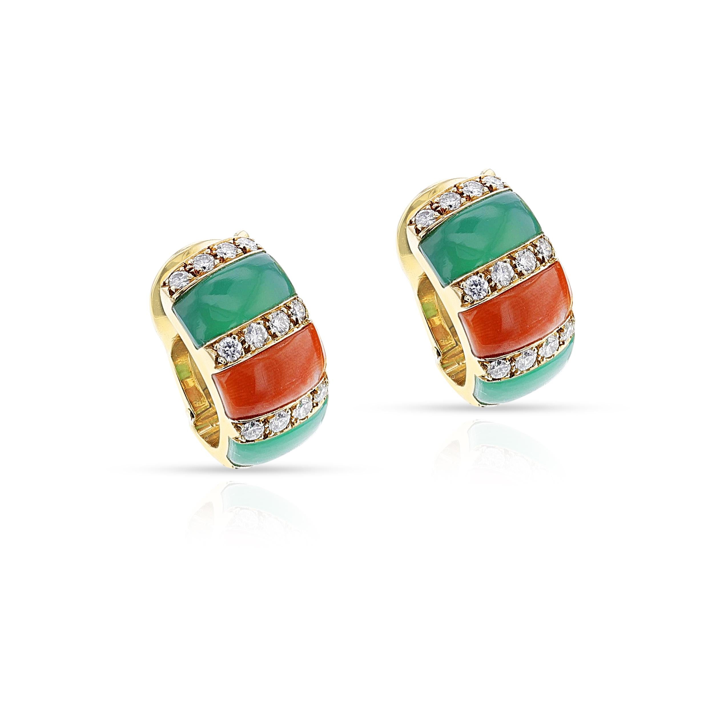 Van Cleef & Arpels Koralle, Chrysopras und Diamant-Ohrringe mit halber Halskette, 18k (Gemischter Schliff)
