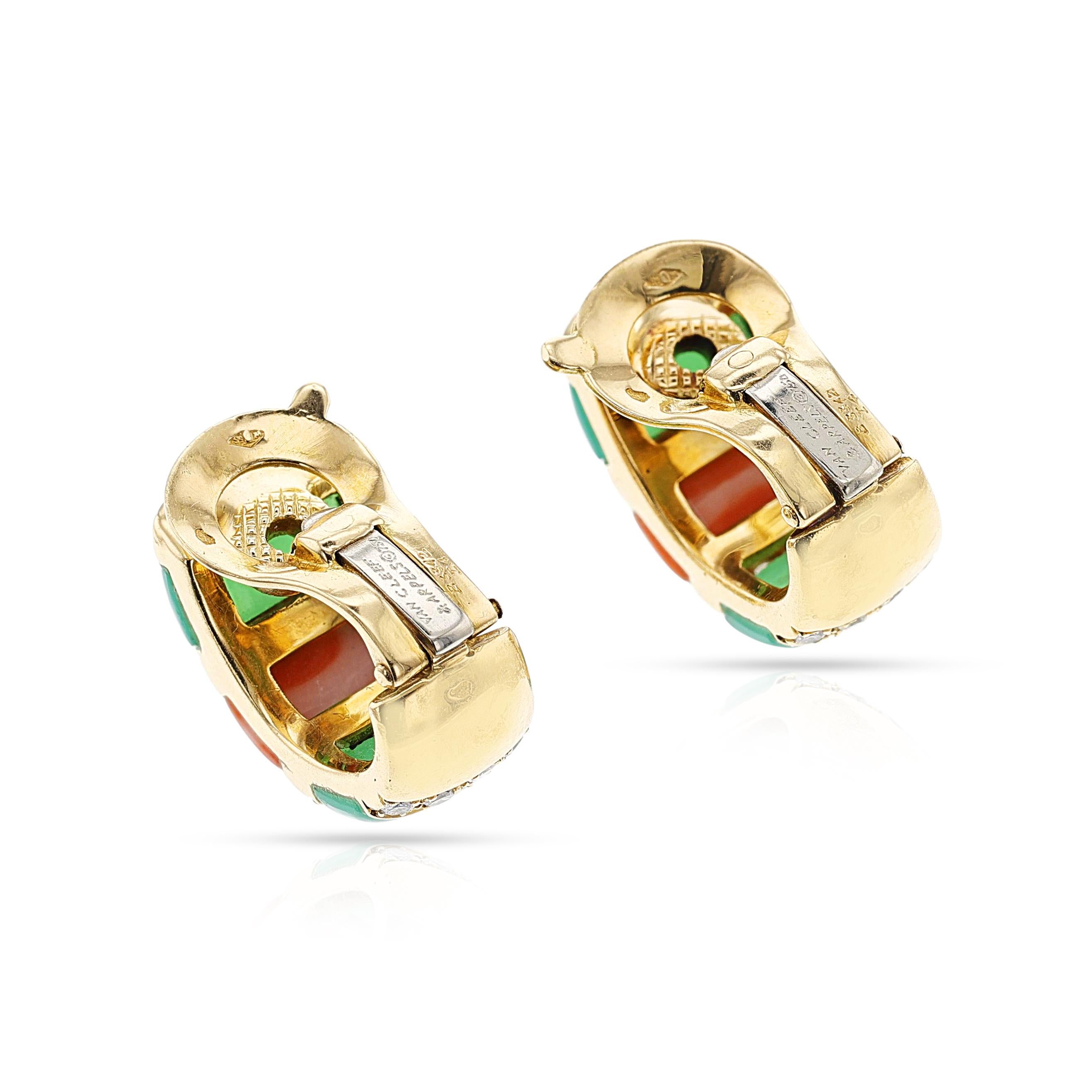 Van Cleef & Arpels Koralle, Chrysopras und Diamant-Ohrringe mit halber Halskette, 18k im Zustand „Hervorragend“ in New York, NY