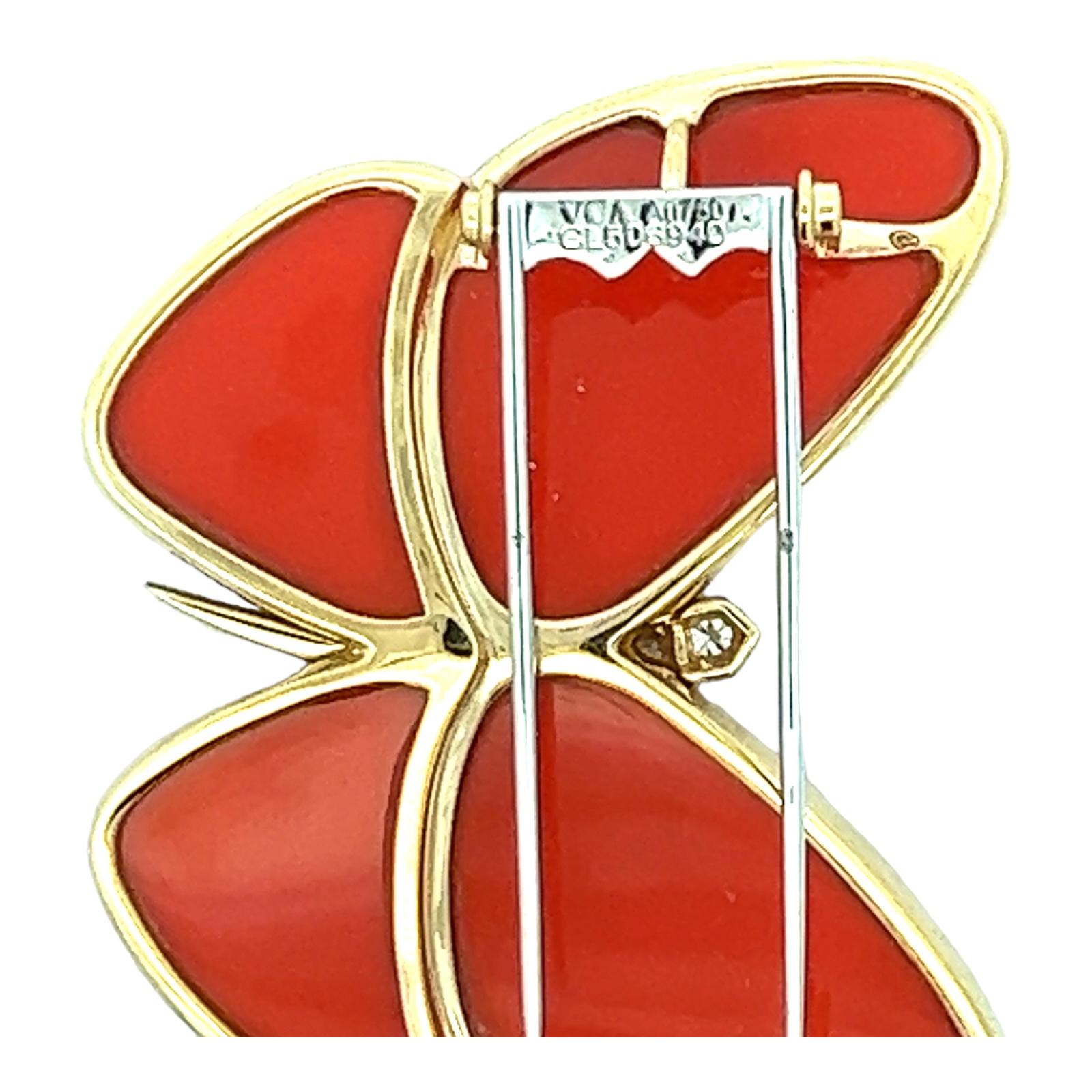 Modern Van Cleef & Arpels Coral Diamond 18 Karat Gold Butterfly Brooch Pin Clip B&P's 