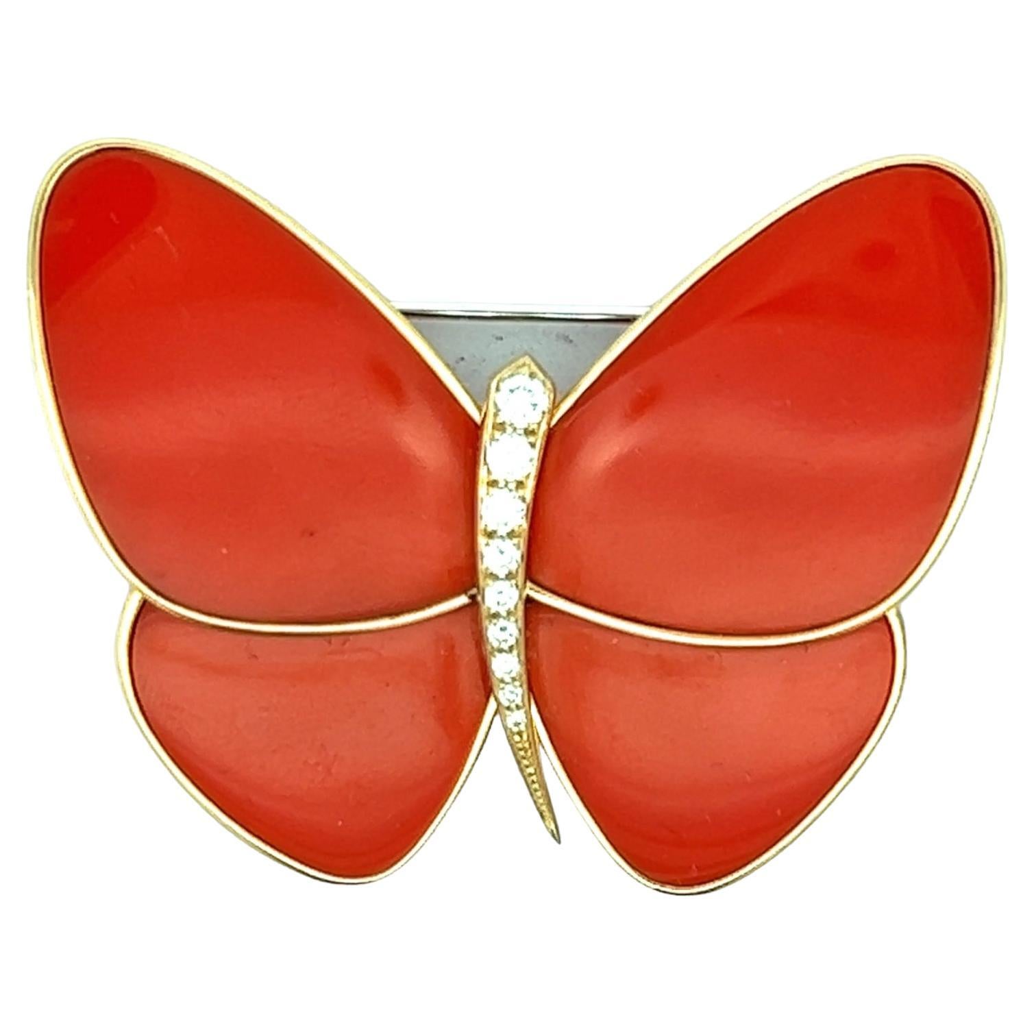 Van Cleef & Arpels Coral Diamond 18 Karat Gold Butterfly Brooch Pin Clip B&P's 