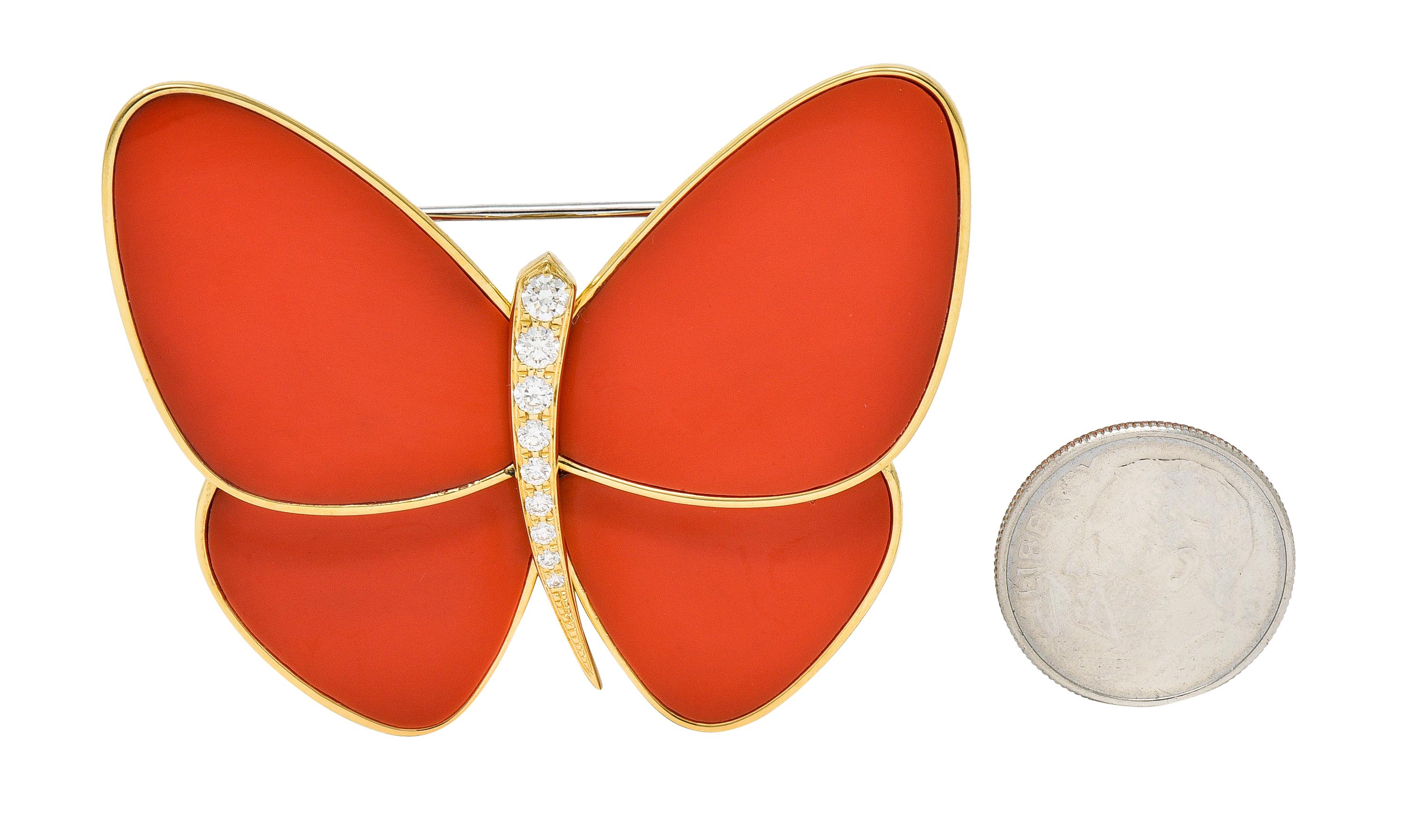 Van Cleef & Arpels Coral Diamond 18 Karat Yellow Gold Papillon Butterfly Brooch 1