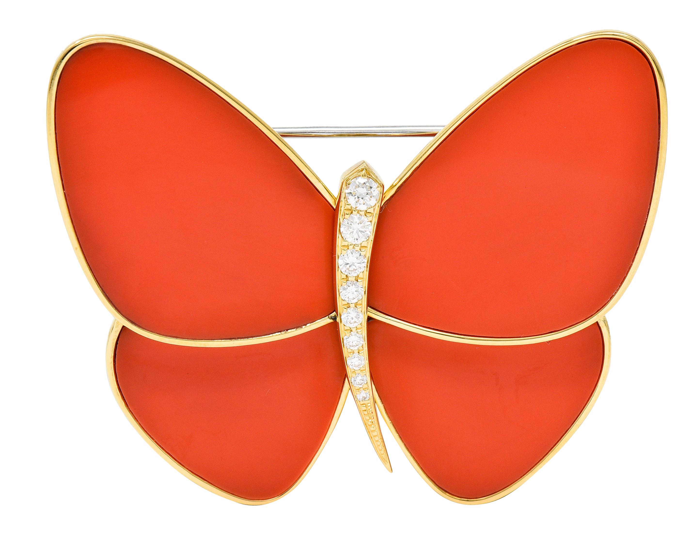 Brilliant Cut Van Cleef & Arpels Coral Diamond 18 Karat Yellow Gold Papillon Butterfly Brooch