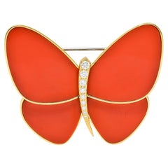 Van Cleef & Arpels Coral Diamond 18 Karat Yellow Gold Papillon Butterfly Brooch