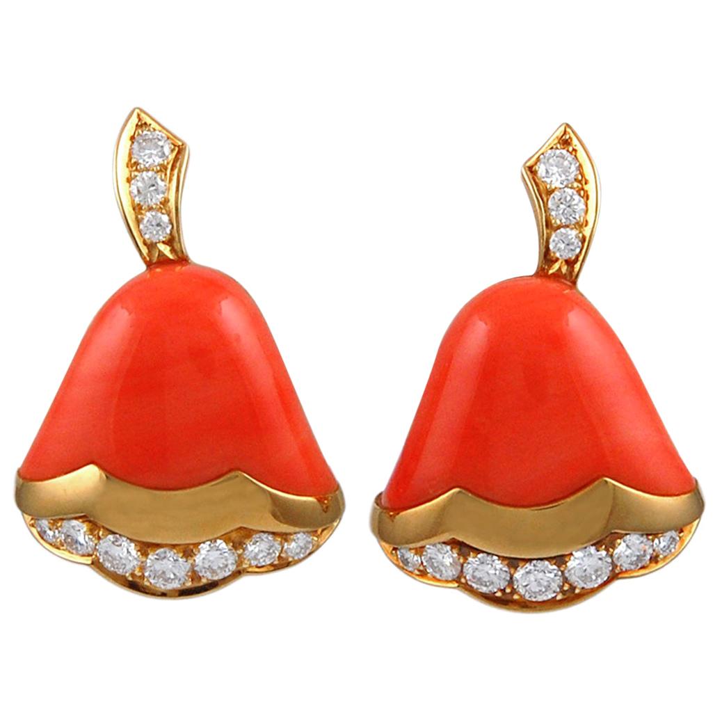 Van Cleef & Arpels Coral Diamond Bell Earrings