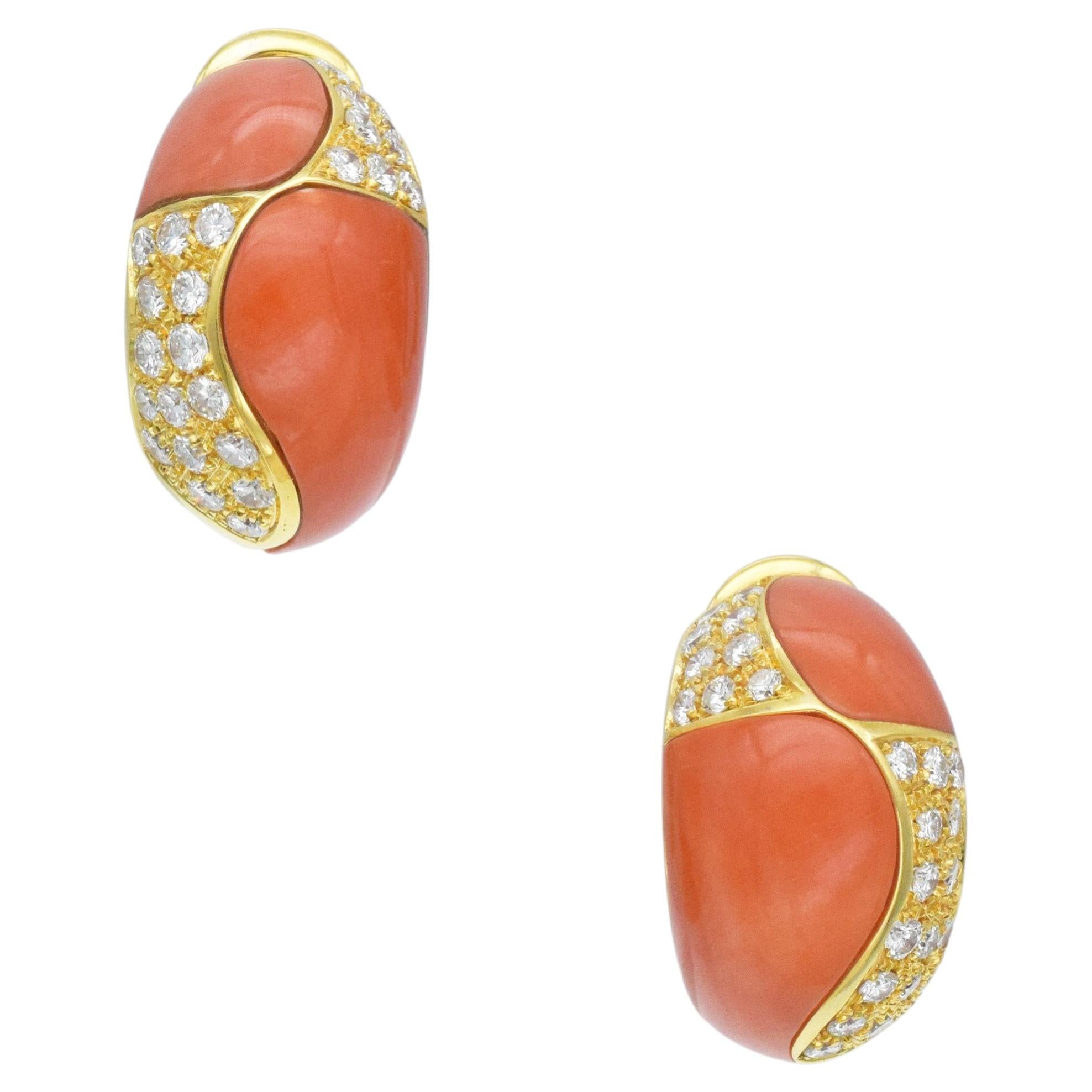 Van Cleef & Arpels Coral & Diamond "Boutonnière" Clip On Earrings
