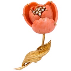 Van Cleef & Arpels Coral Diamond Gold Flower Brooch
