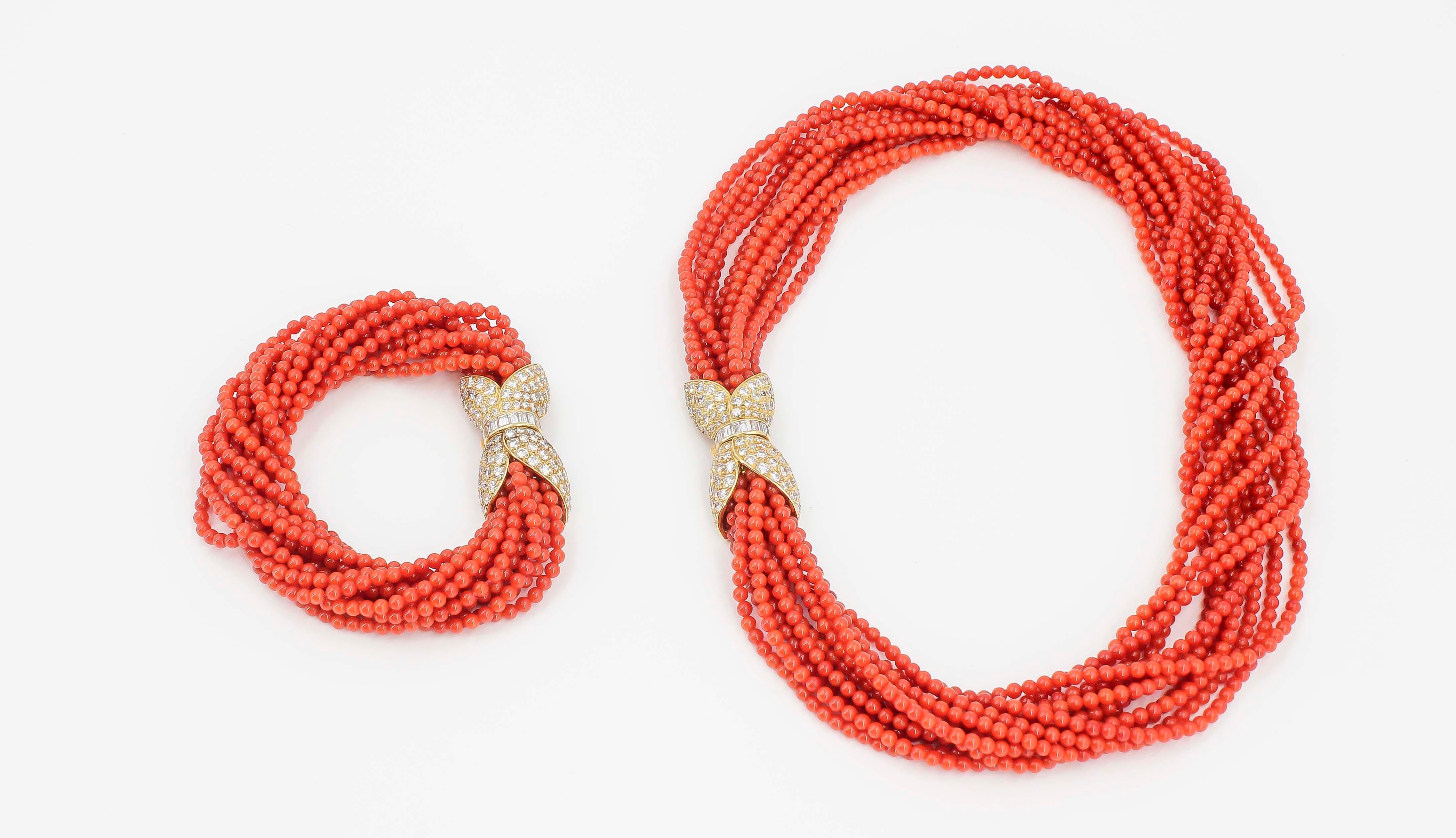 Women's Van Cleef & Arpels Coral Diamond Gold Torsade Necklace and Bracelet Combination