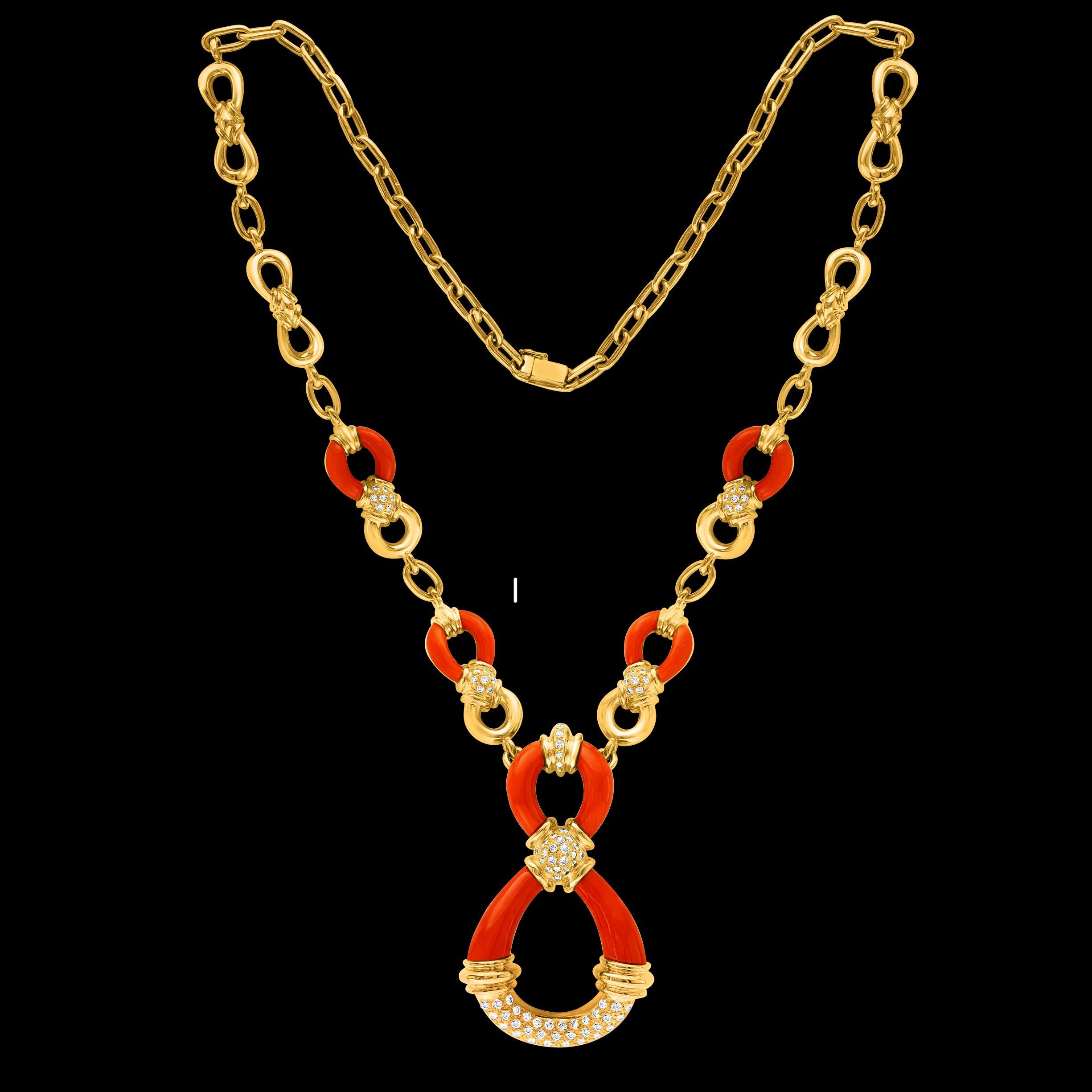 Round Cut Van Cleef & Arpels Coral & Diamond Necklace 92.4 Grams 18kt Yellow Gold, Estate