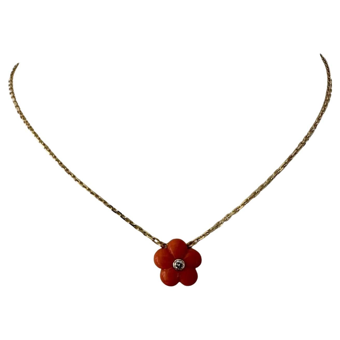Van Cleef & Arpels Coral & Diamond Pendant Necklace 18K Yellow Gold