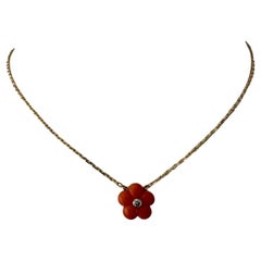 Retro Van Cleef & Arpels Coral & Diamond Pendant Necklace 18K Yellow Gold