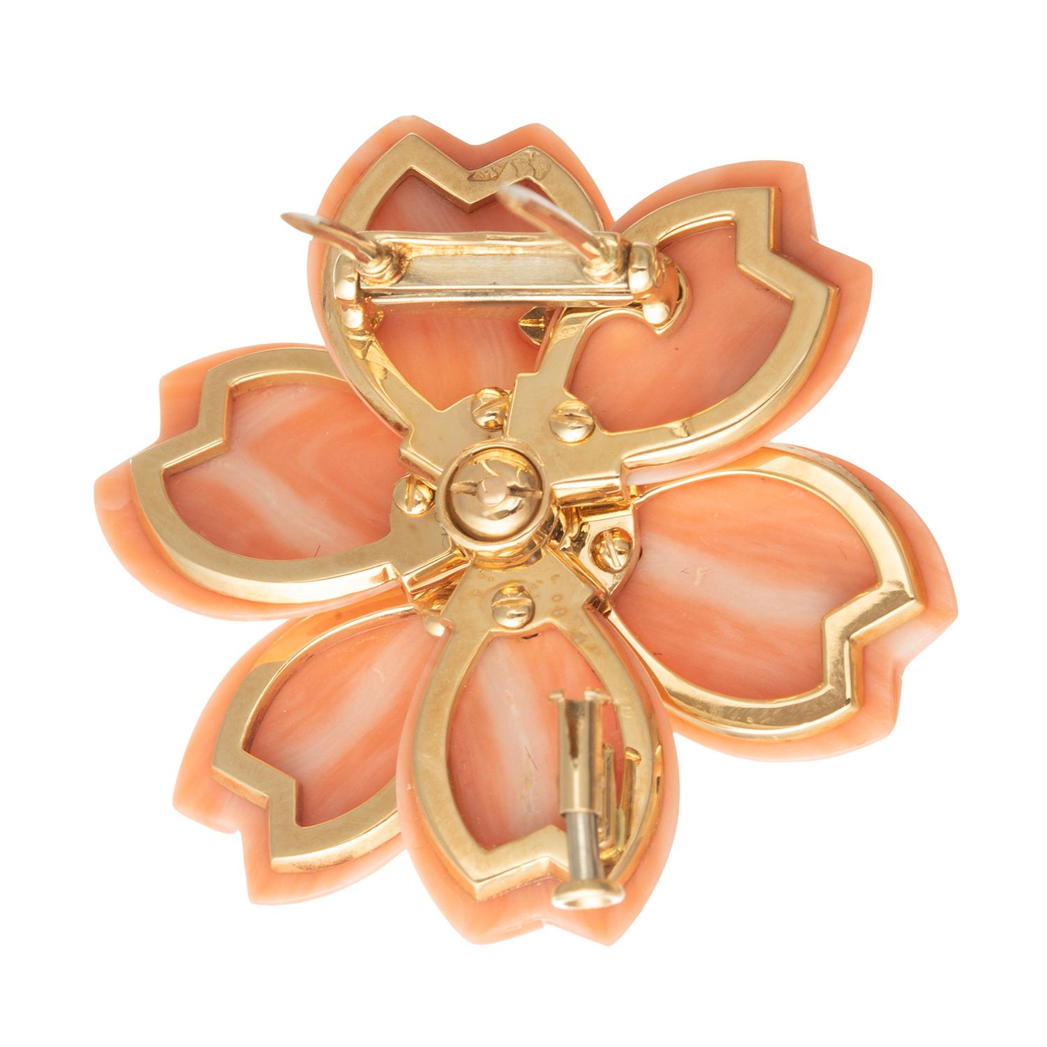 Brilliant Cut Van Cleef & Arpels Coral Diamond Rose De Noel Brooch