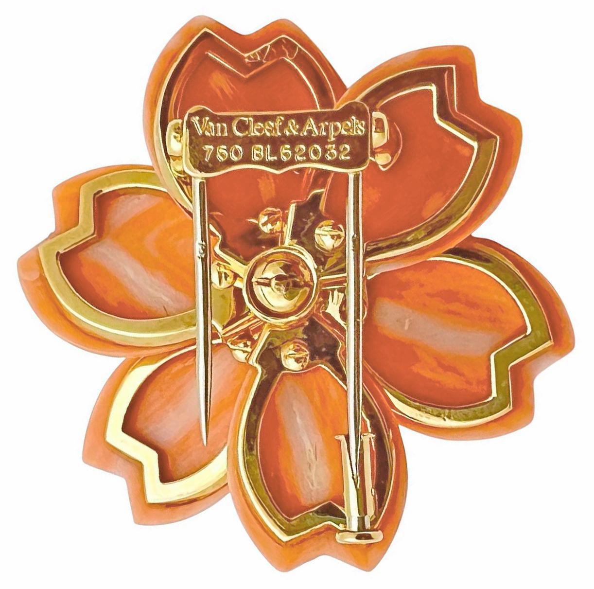 Van Cleef & Arpels Coral Diamond Rose De Noel Brooch In Excellent Condition In Palm Beach, FL