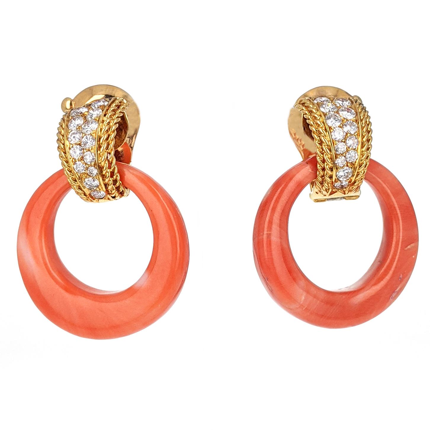 Round Cut Van Cleef & Arpels Coral Diamond Yellow Gold Dangle Ear Clip Earrings