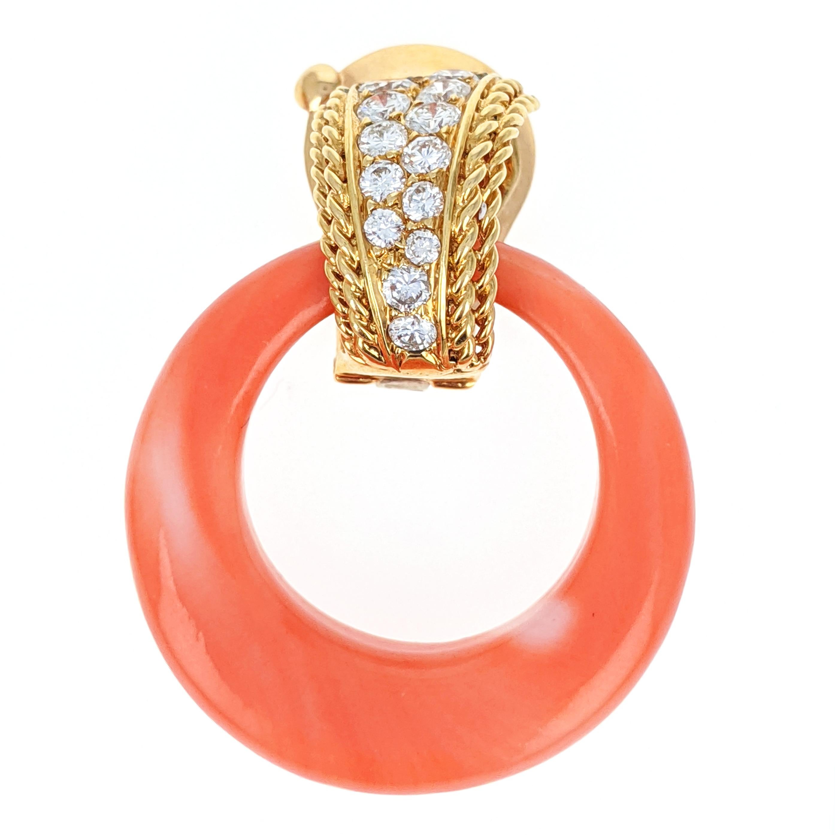 Women's or Men's Van Cleef & Arpels Coral Diamond Yellow Gold Dangle Ear Clip Earrings
