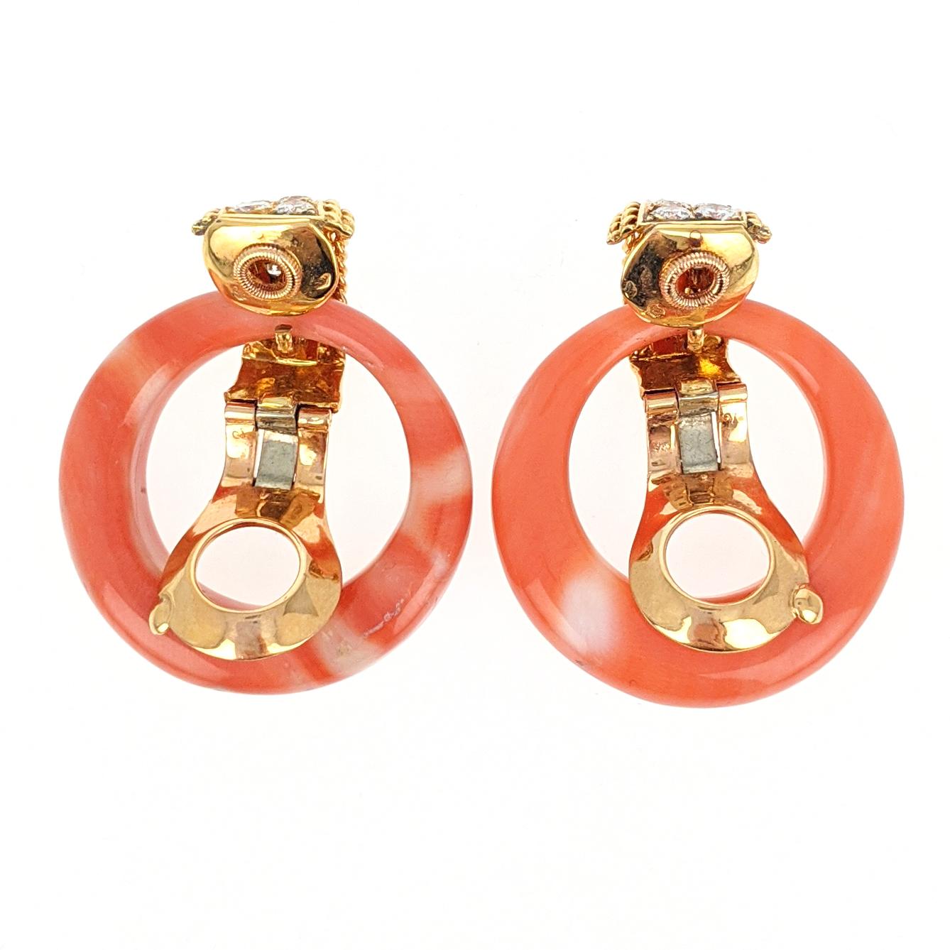 Van Cleef & Arpels Coral Diamond Yellow Gold Dangle Ear Clip Earrings 4