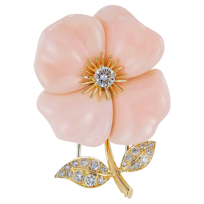 Van Cleef & Arpels Coral Diamond Yellow Gold Flower Clip Brooch