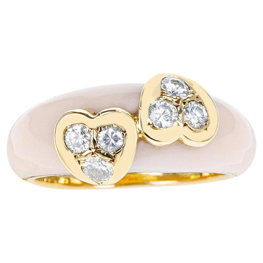 Van Cleef & Arpels Coral Double Heart with Diamonds Ring, 18K For Sale