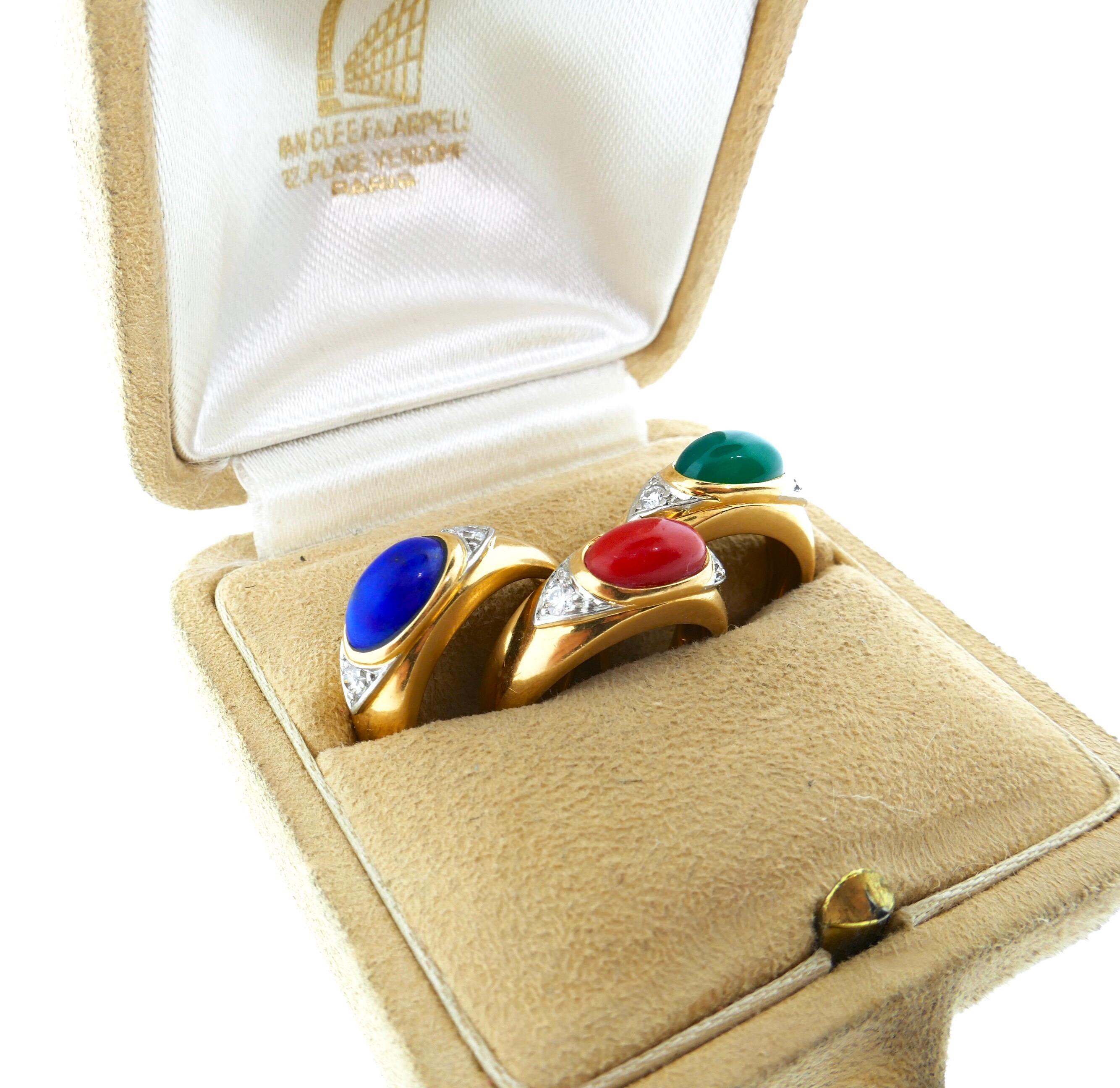 Van Cleef & Arpels Coral Lapis Chrysoprase Ring Set 9