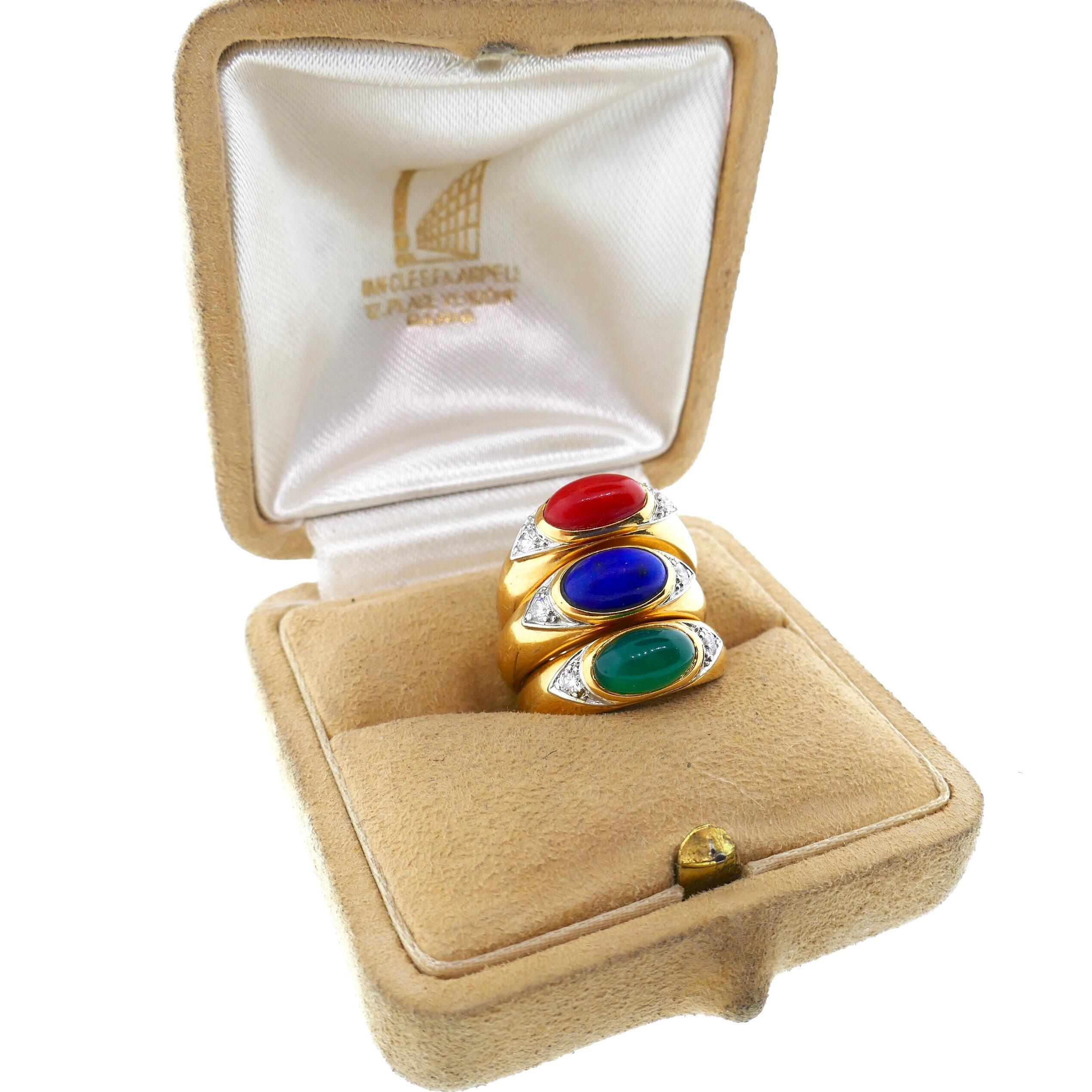 Van Cleef & Arpels Coral Lapis Chrysoprase Ring Set 

This is a highly collectable Van Cleef & Arpels three ring set. Each of the rings feature a different center stone, coral, lapis, and chrysoprase. The center stones are offset by excellent