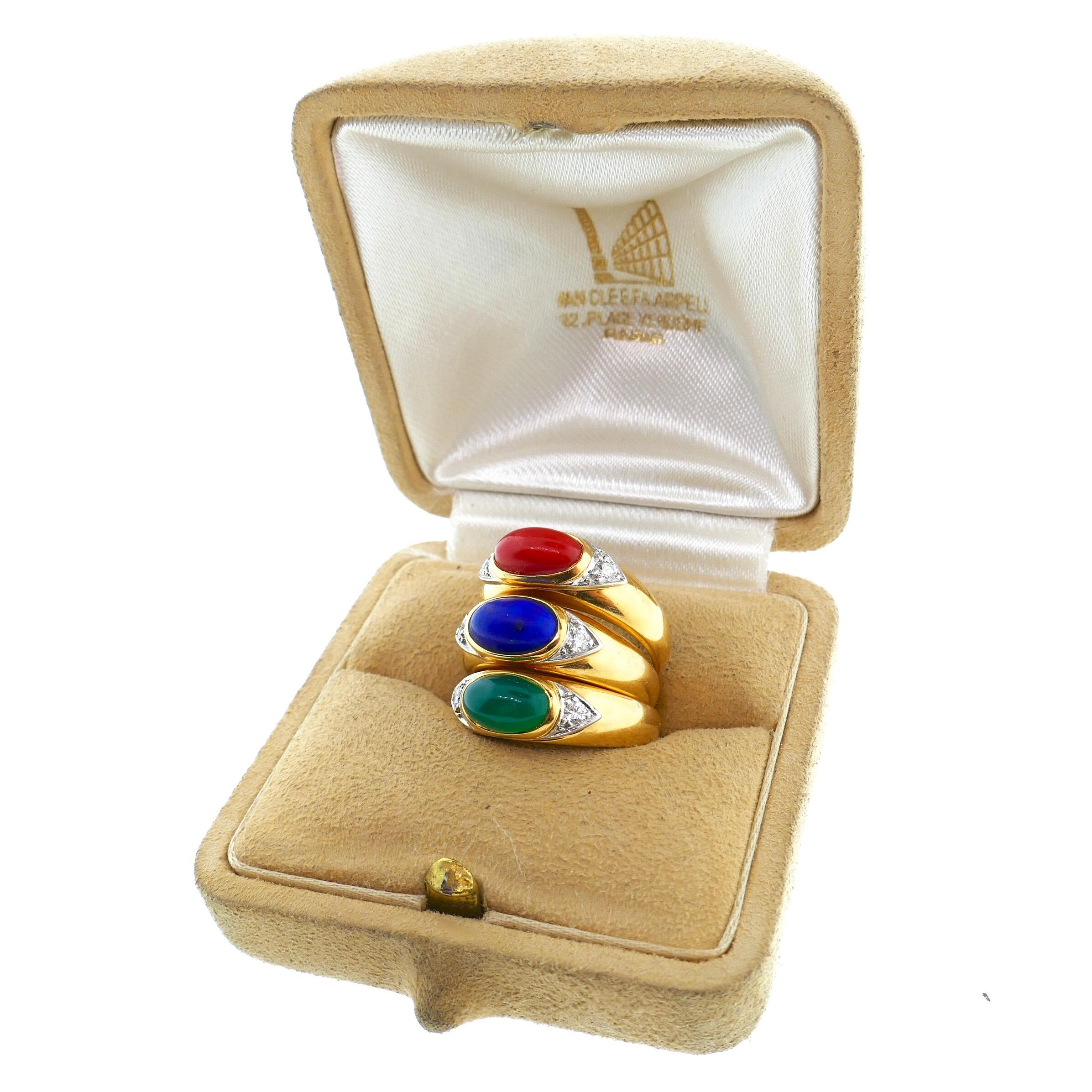 Van Cleef & Arpels Coral Lapis Chrysoprase Ring Set In Excellent Condition In Beverly Hills, CA